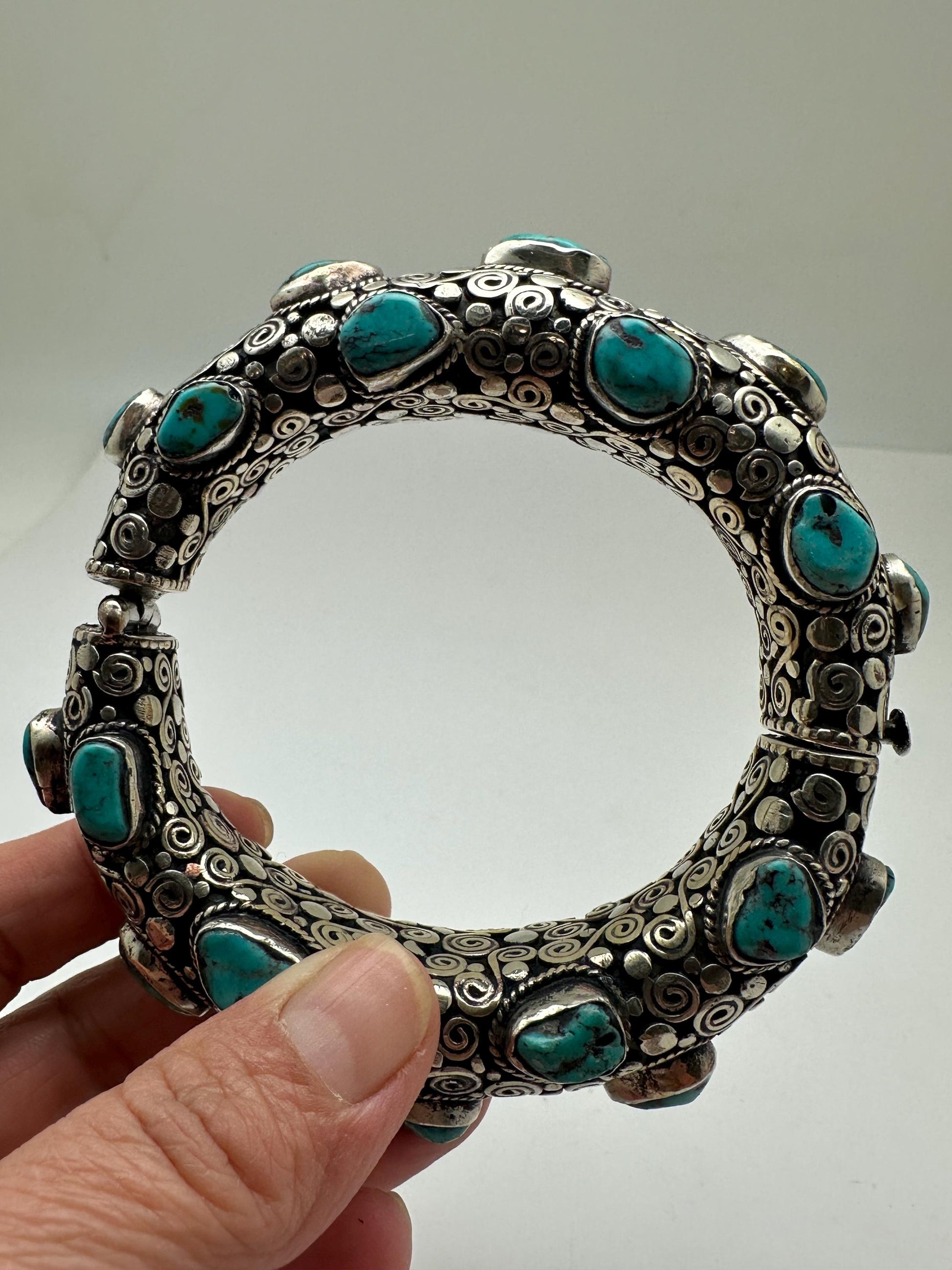 Handcrafted Tibetan Silver Bangle with Turquoise, Ethnic Style Nepali Jewelry