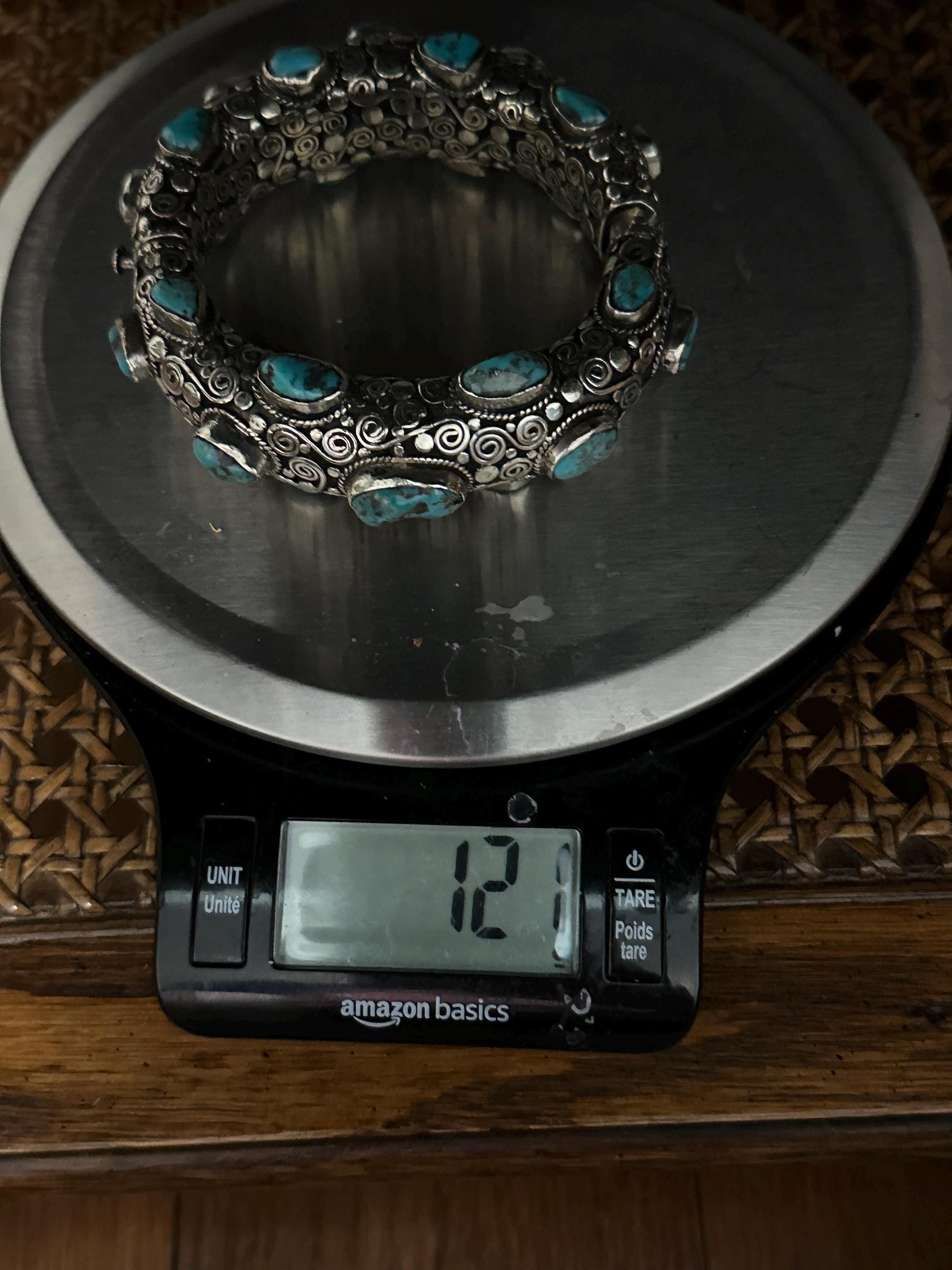 Handcrafted Tibetan Silver Bangle with Turquoise, Ethnic Style Nepali Jewelry
