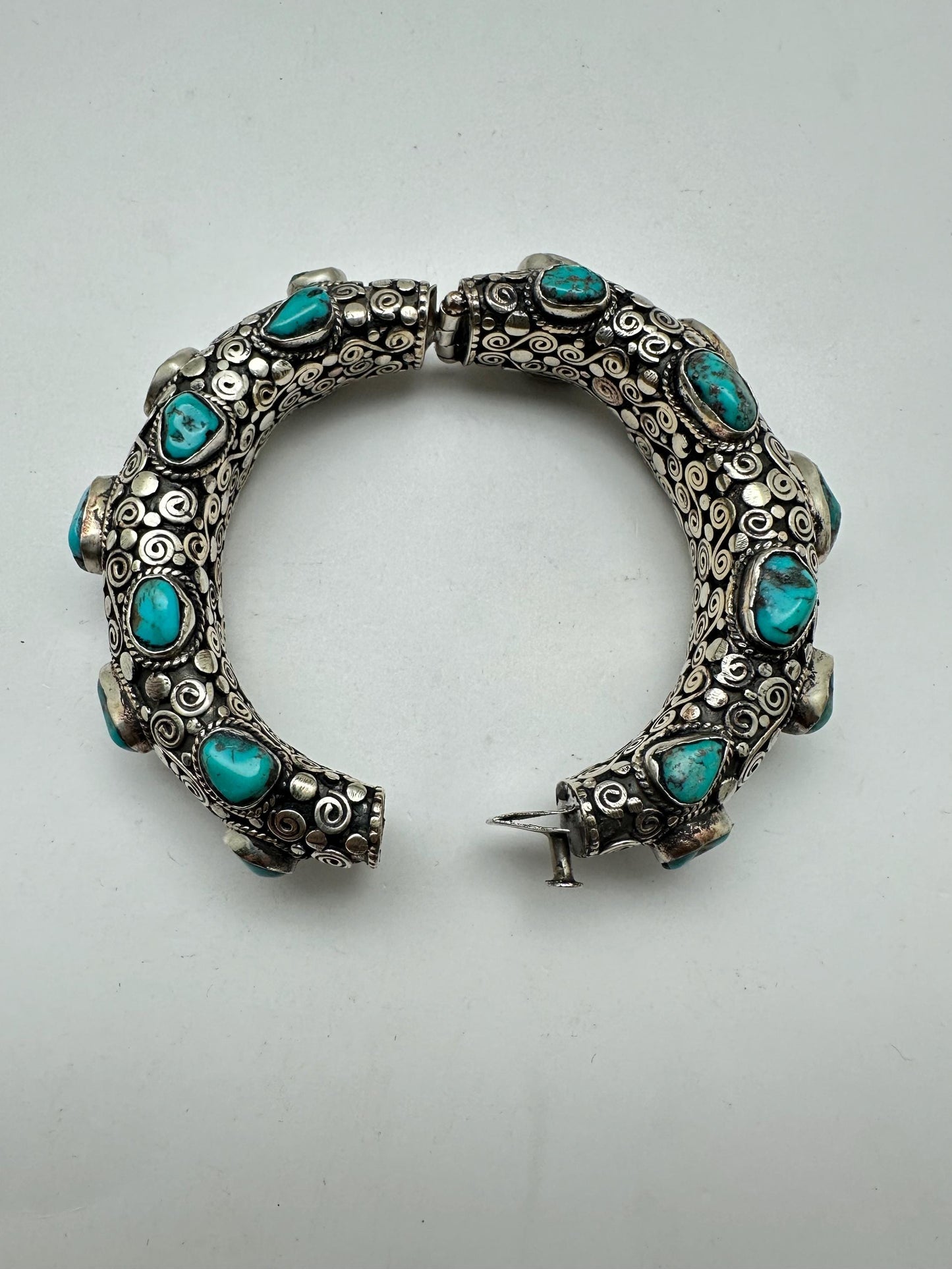Handcrafted Tibetan Silver Bangle with Turquoise, Ethnic Style Nepali Jewelry