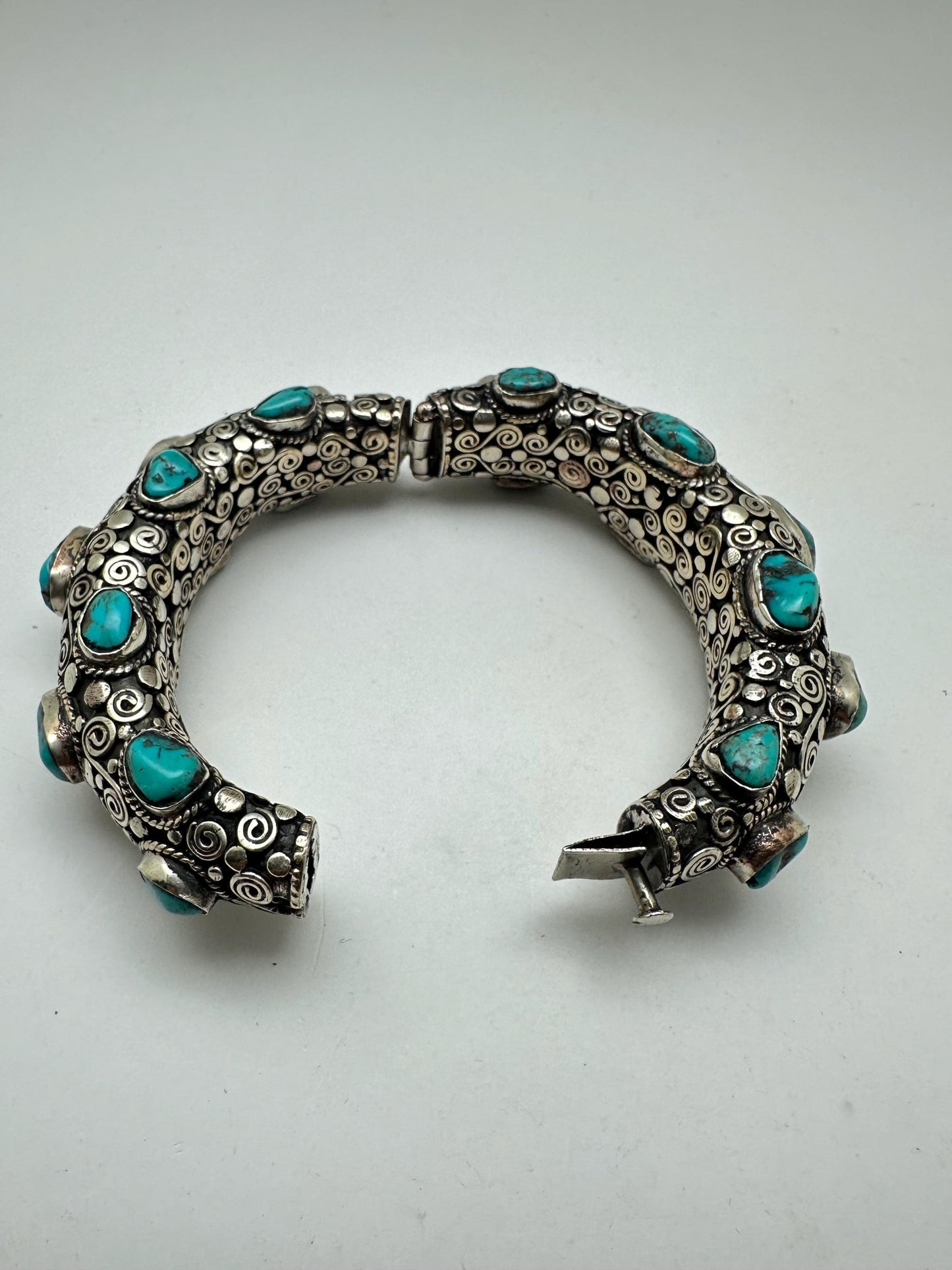 Handcrafted Tibetan Silver Bangle with Turquoise, Ethnic Style Nepali Jewelry