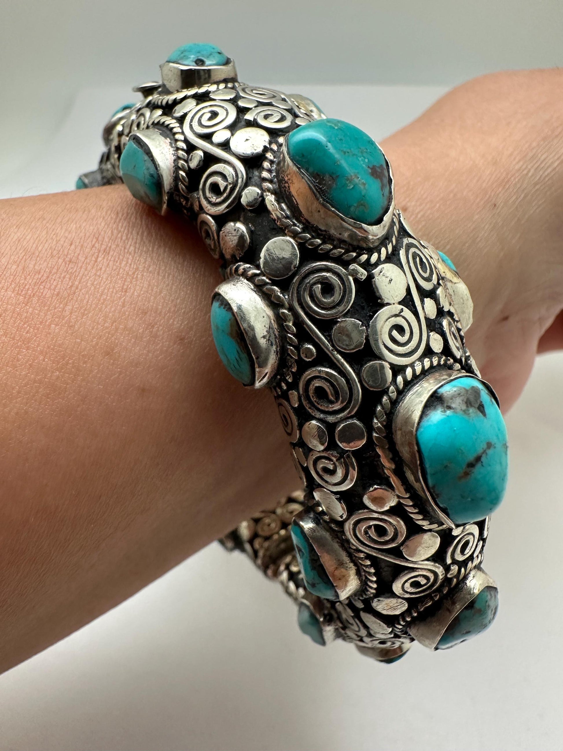 Handcrafted Tibetan Silver Bangle with Turquoise, Ethnic Style Nepali Jewelry