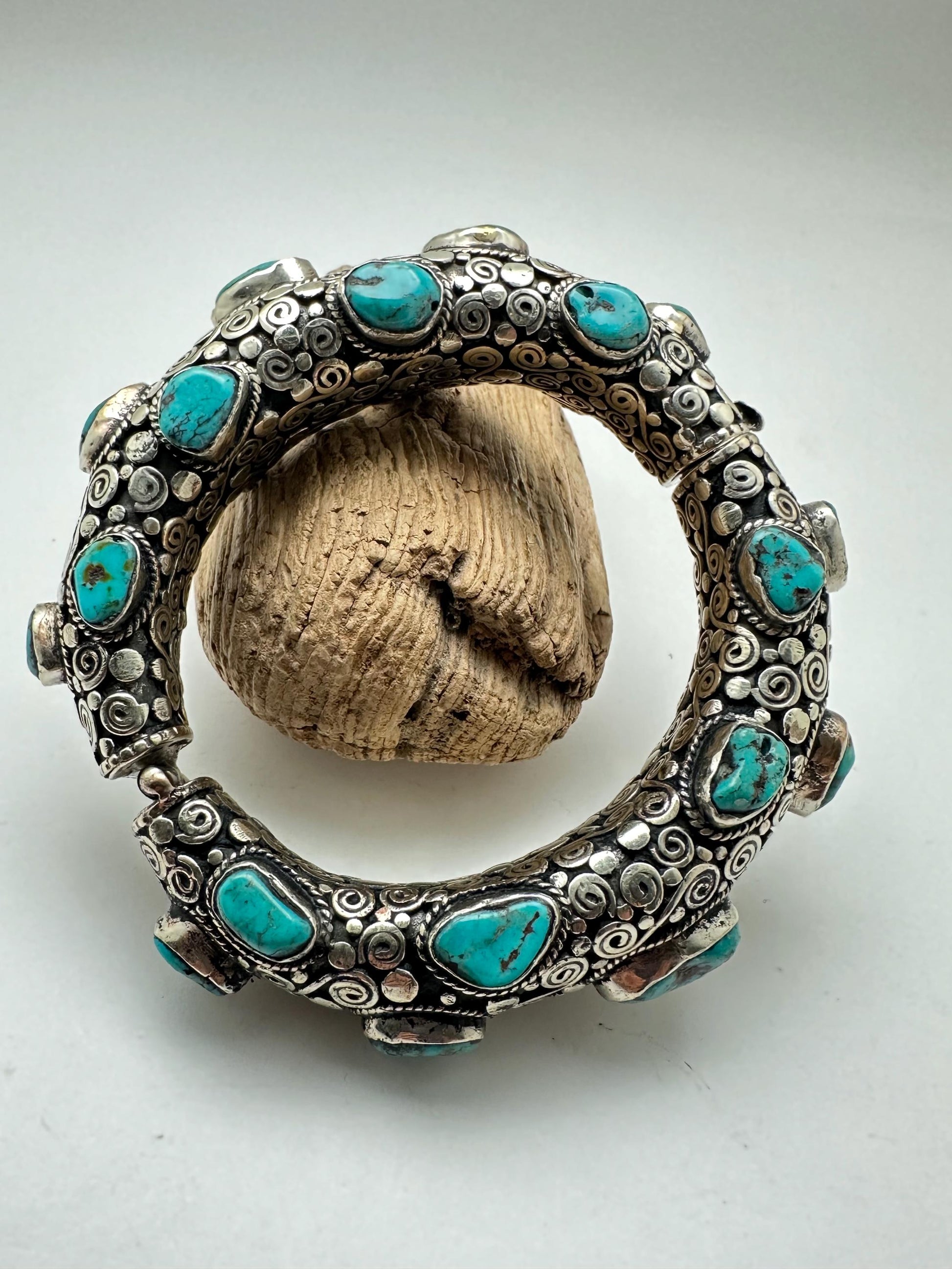 Handcrafted Tibetan Silver Bangle with Turquoise, Ethnic Style Nepali Jewelry