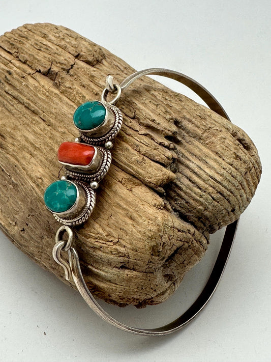 Tibetan designs sterling silver bangle, untreated coral and turquoise, handcrafted from nepal