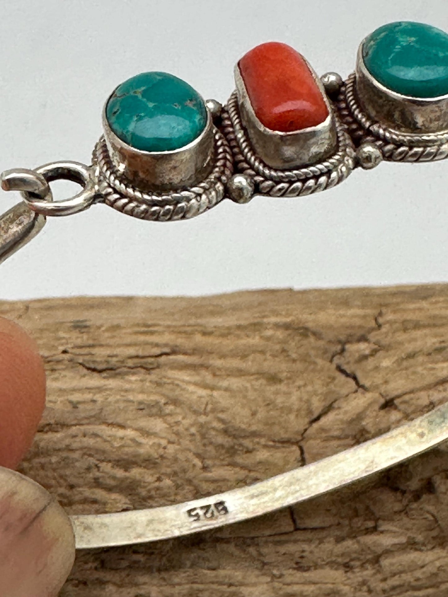 Tibetan designs sterling silver bangle, untreated coral and turquoise, handcrafted from nepal