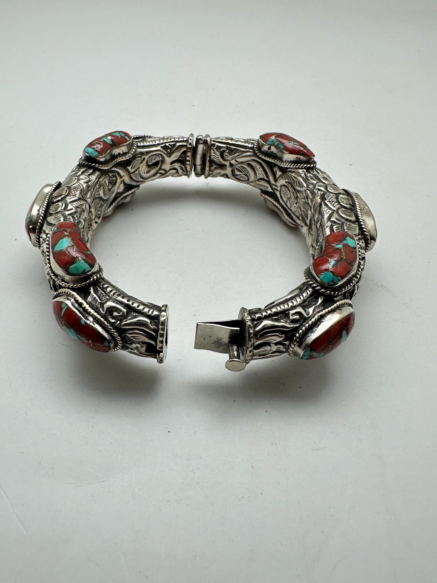 Handcrafted Coral Bangle, Tibetan Silver, Ethnic Style, Nepal Made