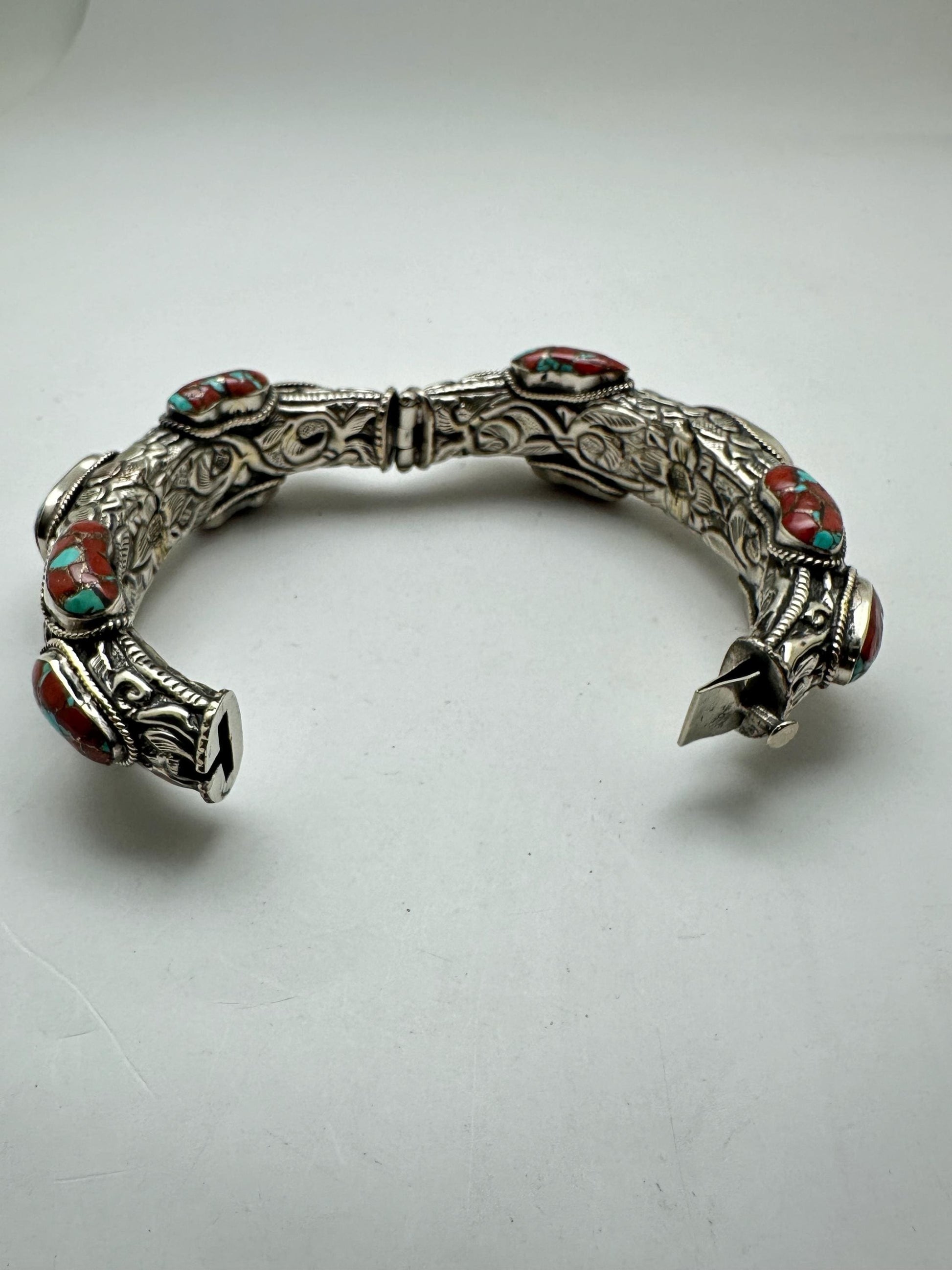 Handcrafted Coral Bangle, Tibetan Silver, Ethnic Style, Nepal Made