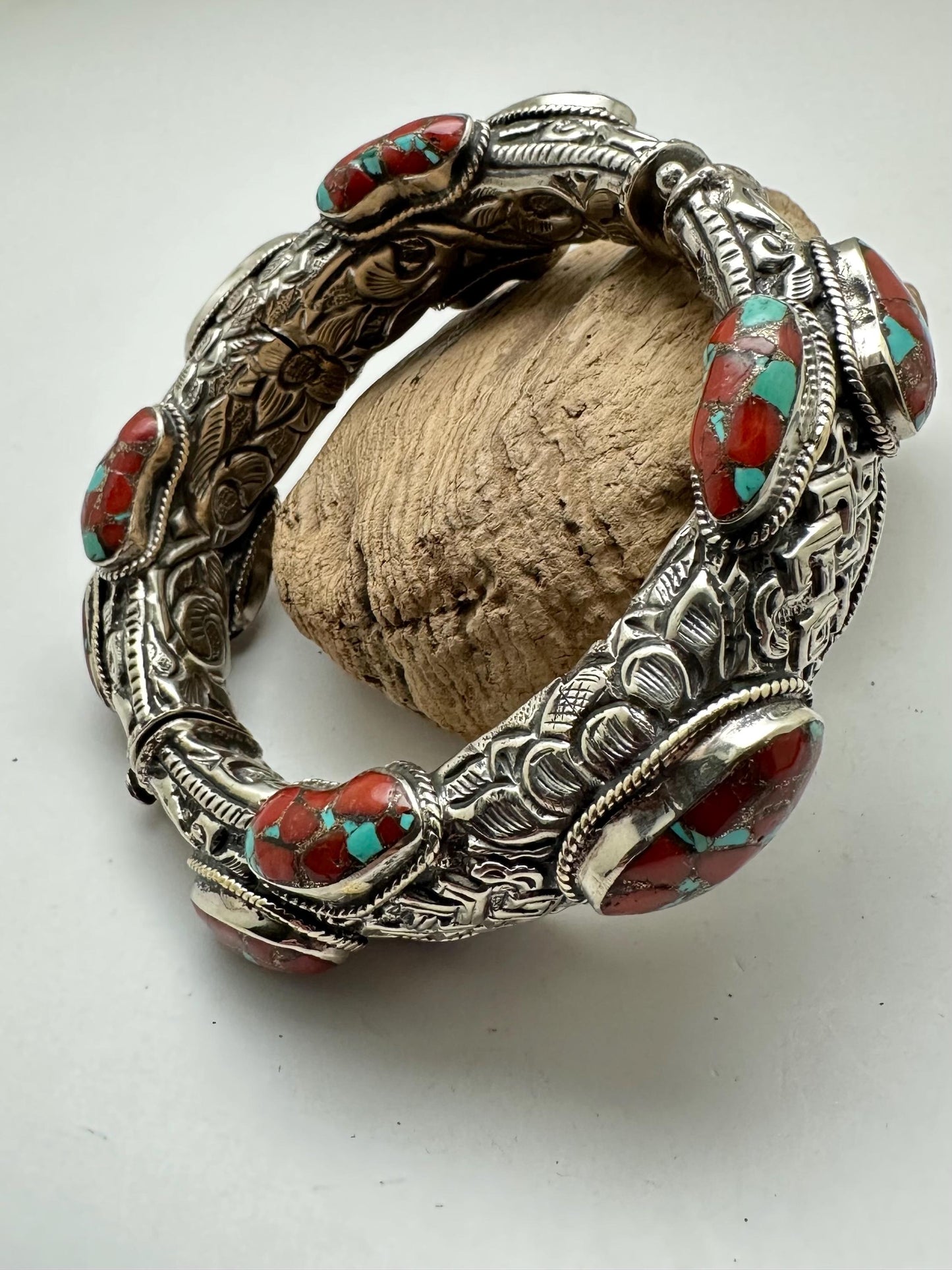 Handcrafted Coral Bangle, Tibetan Silver, Ethnic Style, Nepal Made