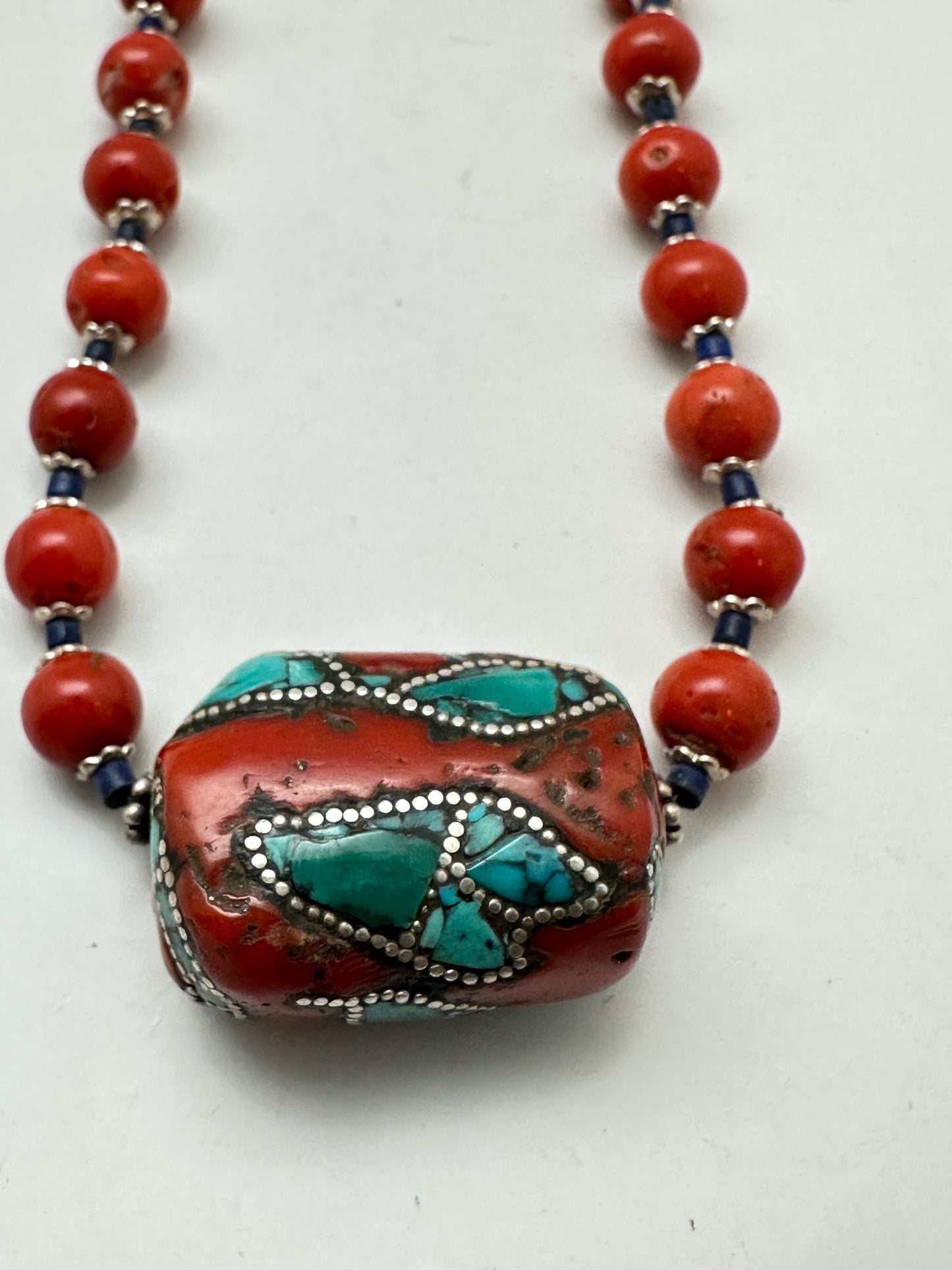 Coral necklace, handcrafted, turquoise and silver inlaid,ethnic style, Tibetan design