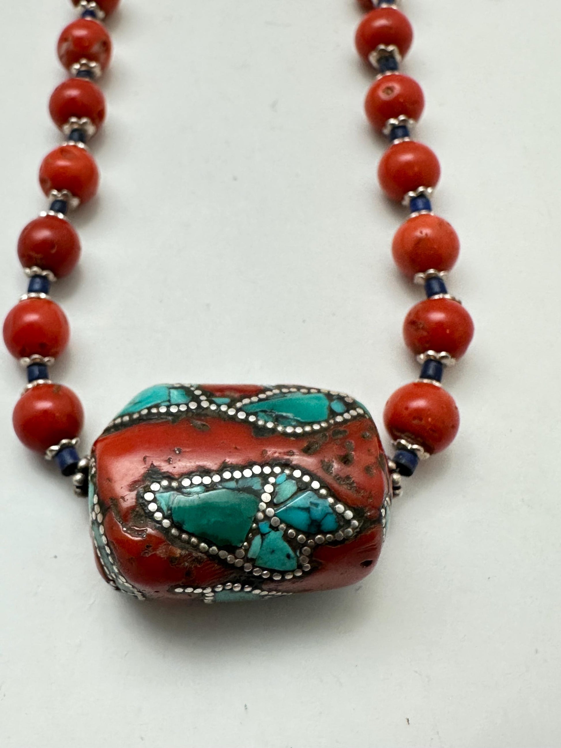 Coral necklace, handcrafted, turquoise and silver inlaid,ethnic style, Tibetan design