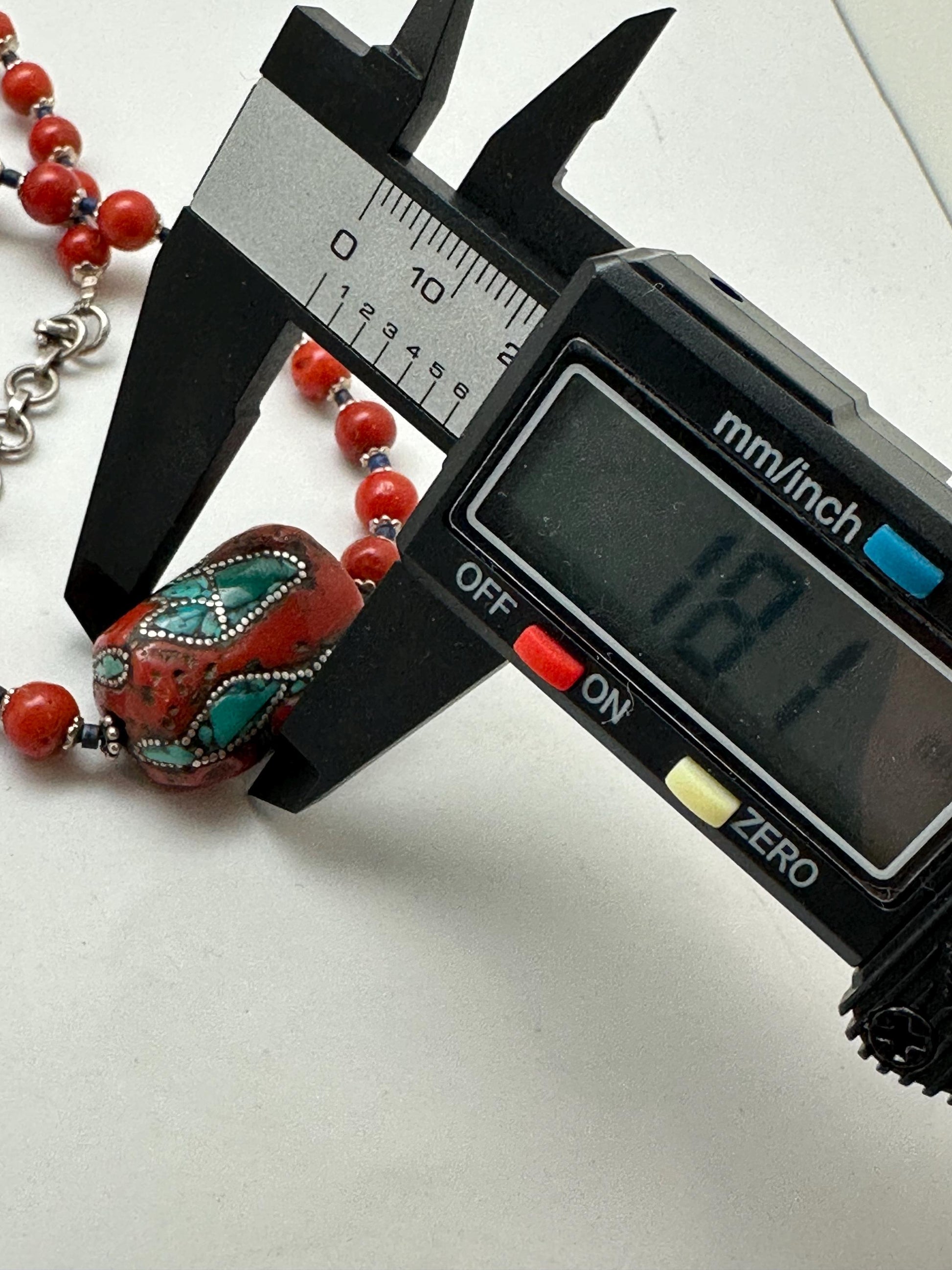 Coral necklace, handcrafted, turquoise and silver inlaid,ethnic style, Tibetan design