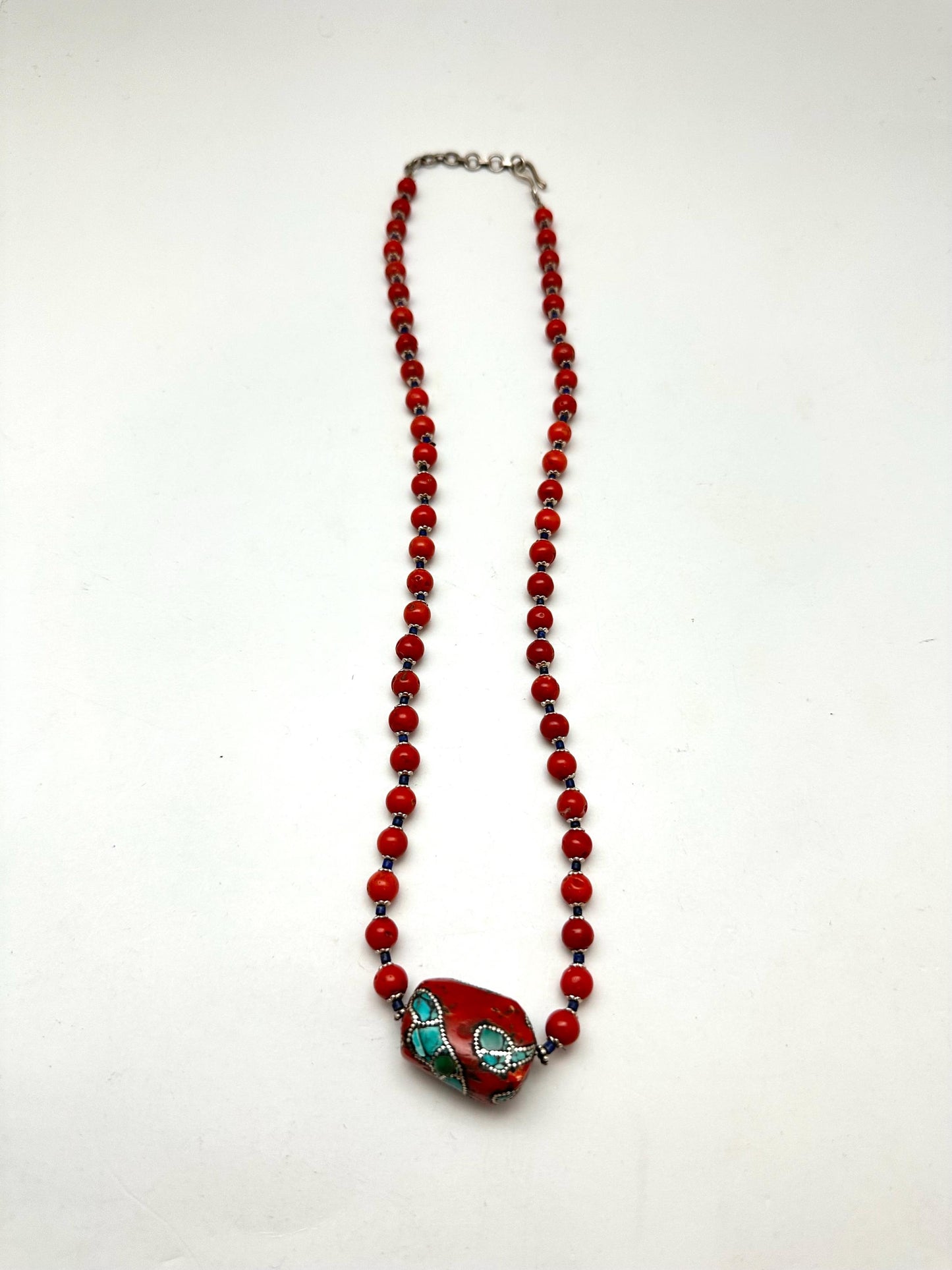 Coral necklace, handcrafted, turquoise and silver inlaid,ethnic style, Tibetan design