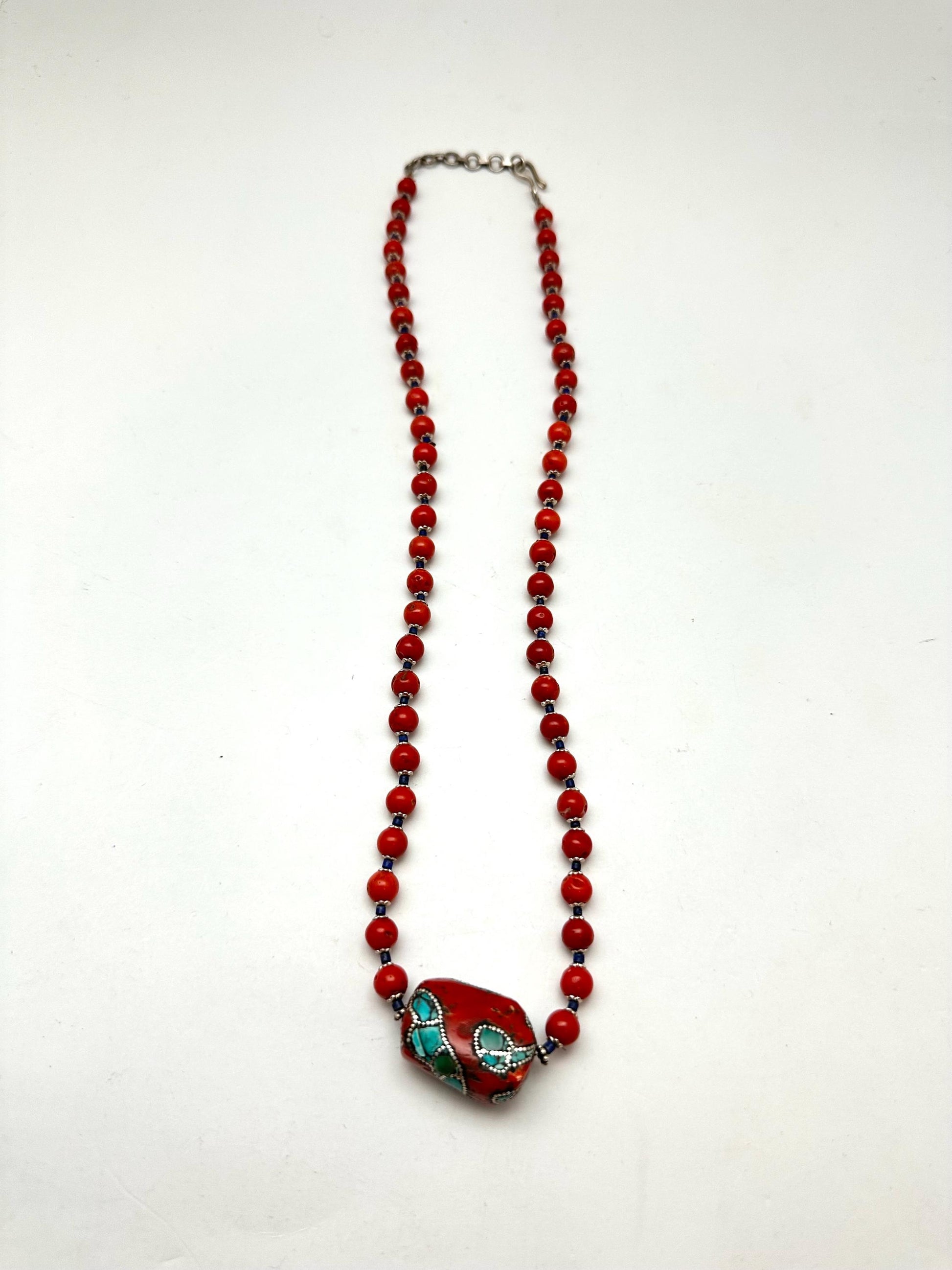 Coral necklace, handcrafted, turquoise and silver inlaid,ethnic style, Tibetan design