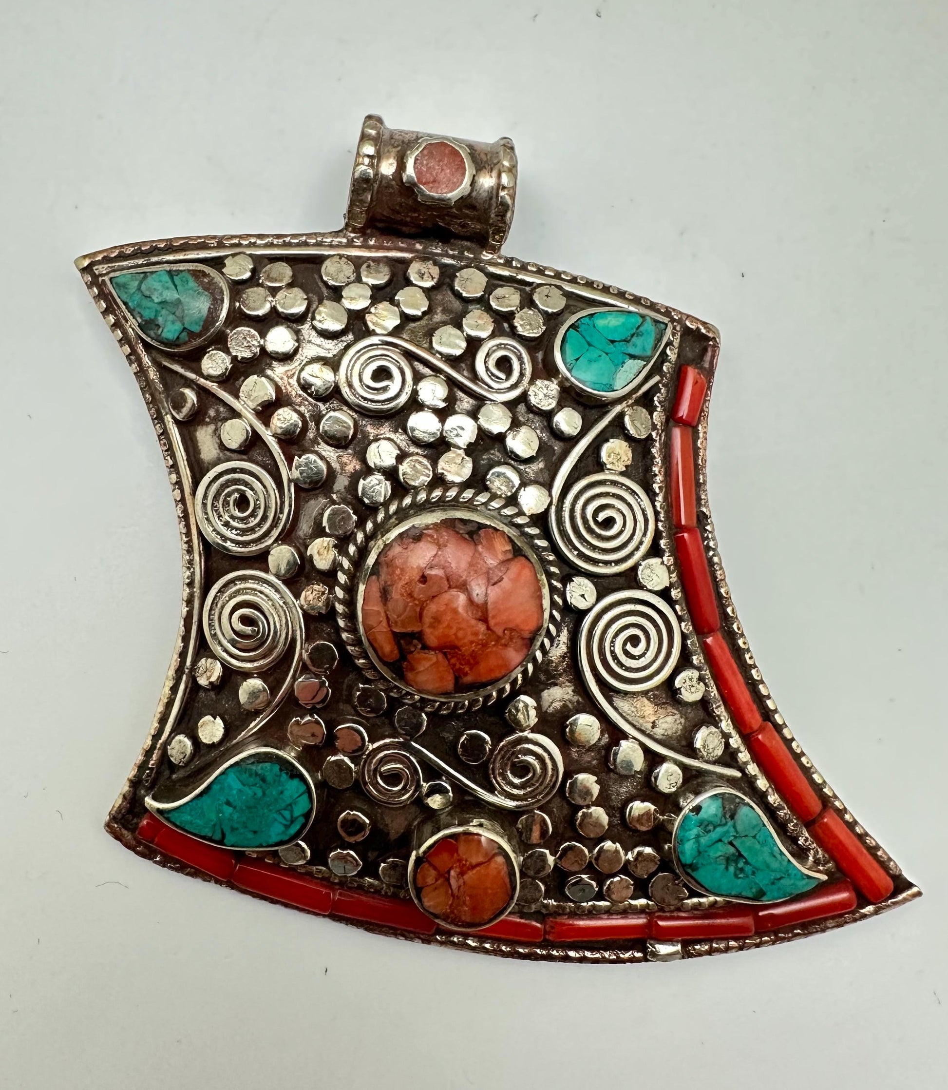 Handcrafted Turquoise Coral Inlaid Pendant, Ethnic Filigree Tibetan Silver (75mmX68mm)