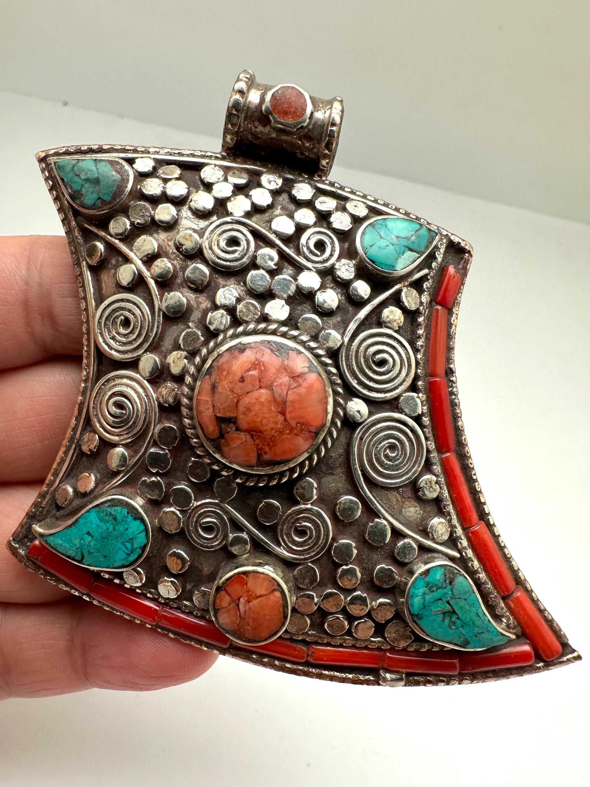 Handcrafted Turquoise Coral Inlaid Pendant, Ethnic Filigree Tibetan Silver (75mmX68mm)