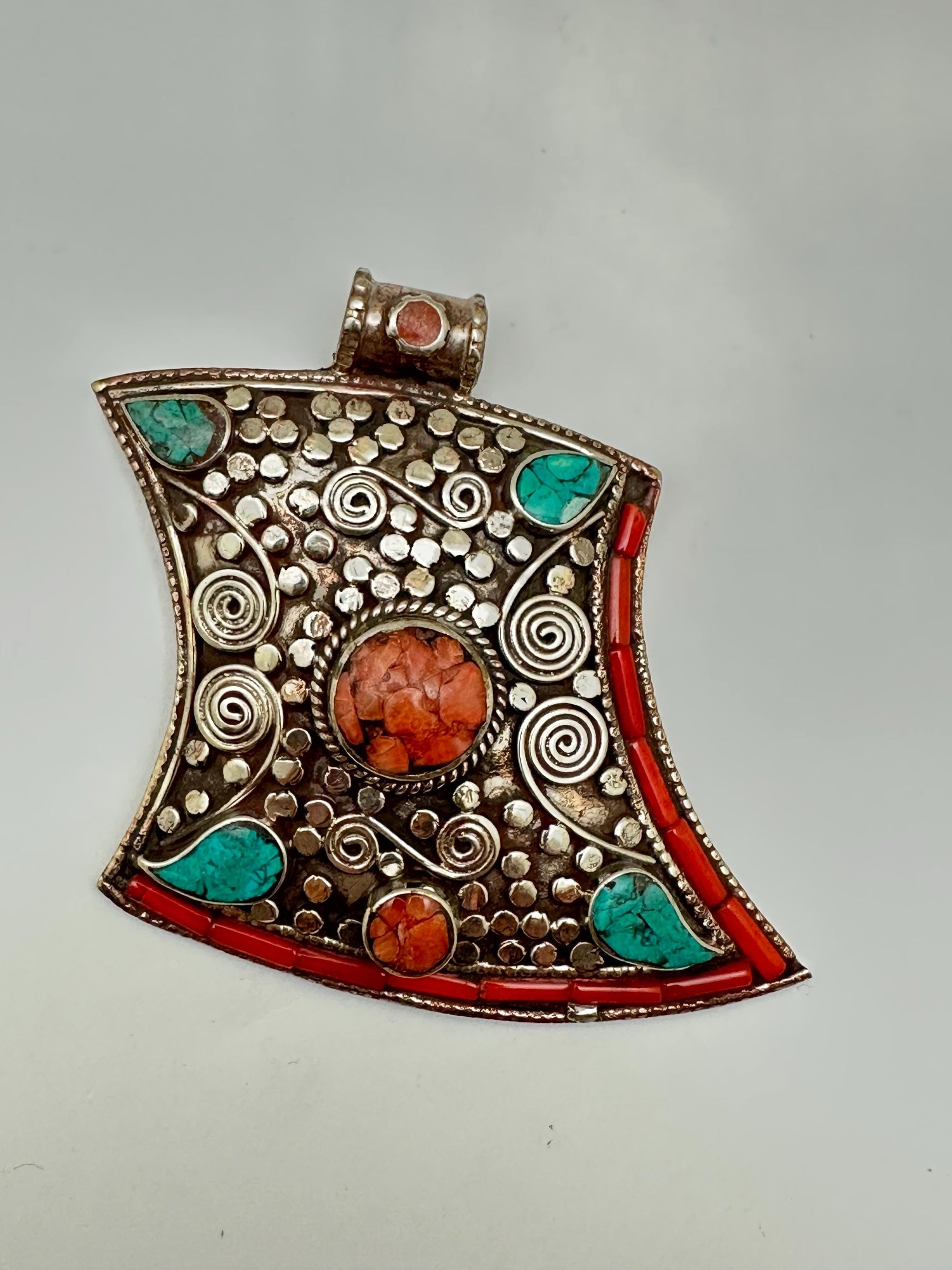 Handcrafted Turquoise Coral Inlaid Pendant, Ethnic Filigree Tibetan Silver (75mmX68mm)