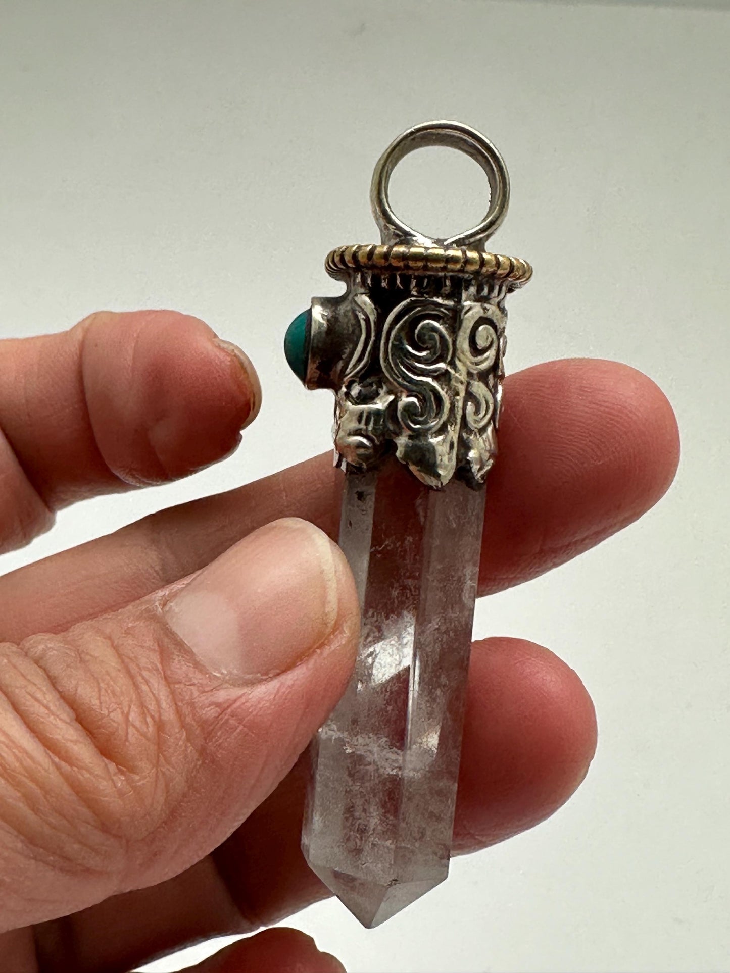 Quartz crystal point pendant,handcrafted,Turquoise ,Tibetan silver
