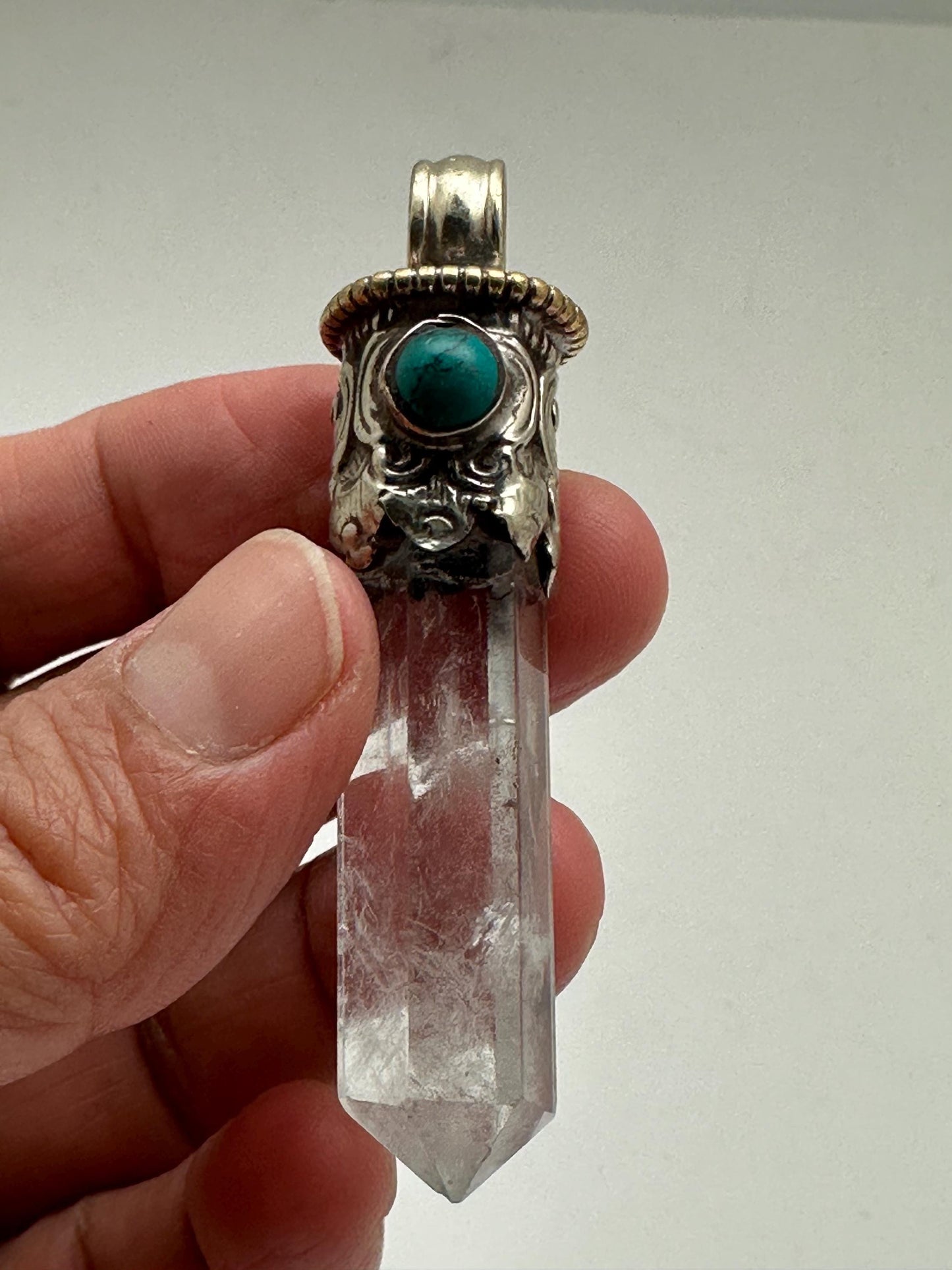 Quartz crystal point pendant,handcrafted,Turquoise ,Tibetan silver
