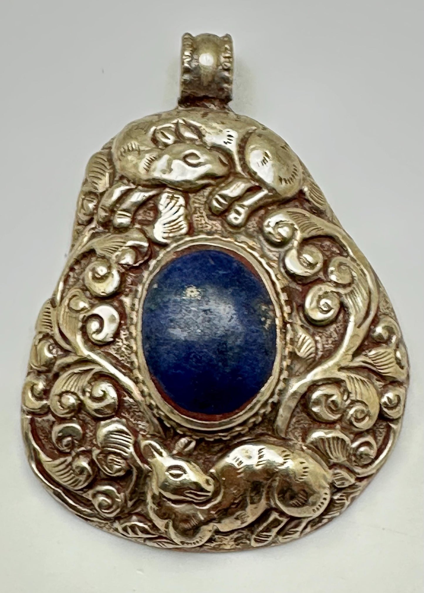 Large lapis pendant, handcrafted, Tibetan reposse silver, ethnic style,animal lover,lapis lazuli
