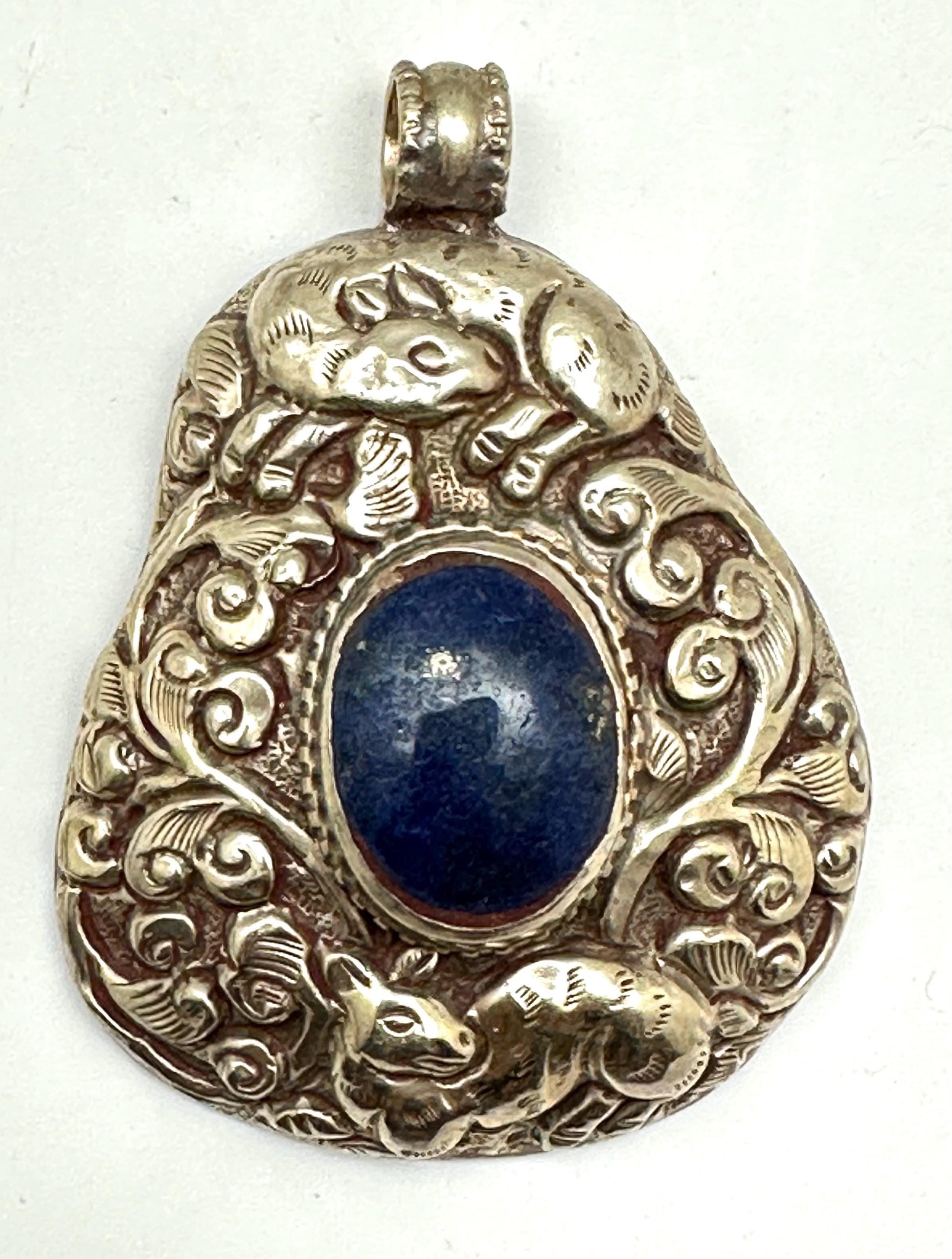 Large lapis pendant, handcrafted, Tibetan reposse silver, ethnic style,animal lover,lapis lazuli