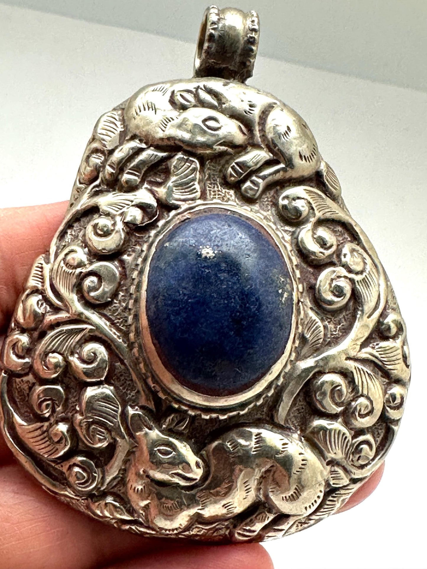 Large lapis pendant, handcrafted, Tibetan reposse silver, ethnic style,animal lover,lapis lazuli