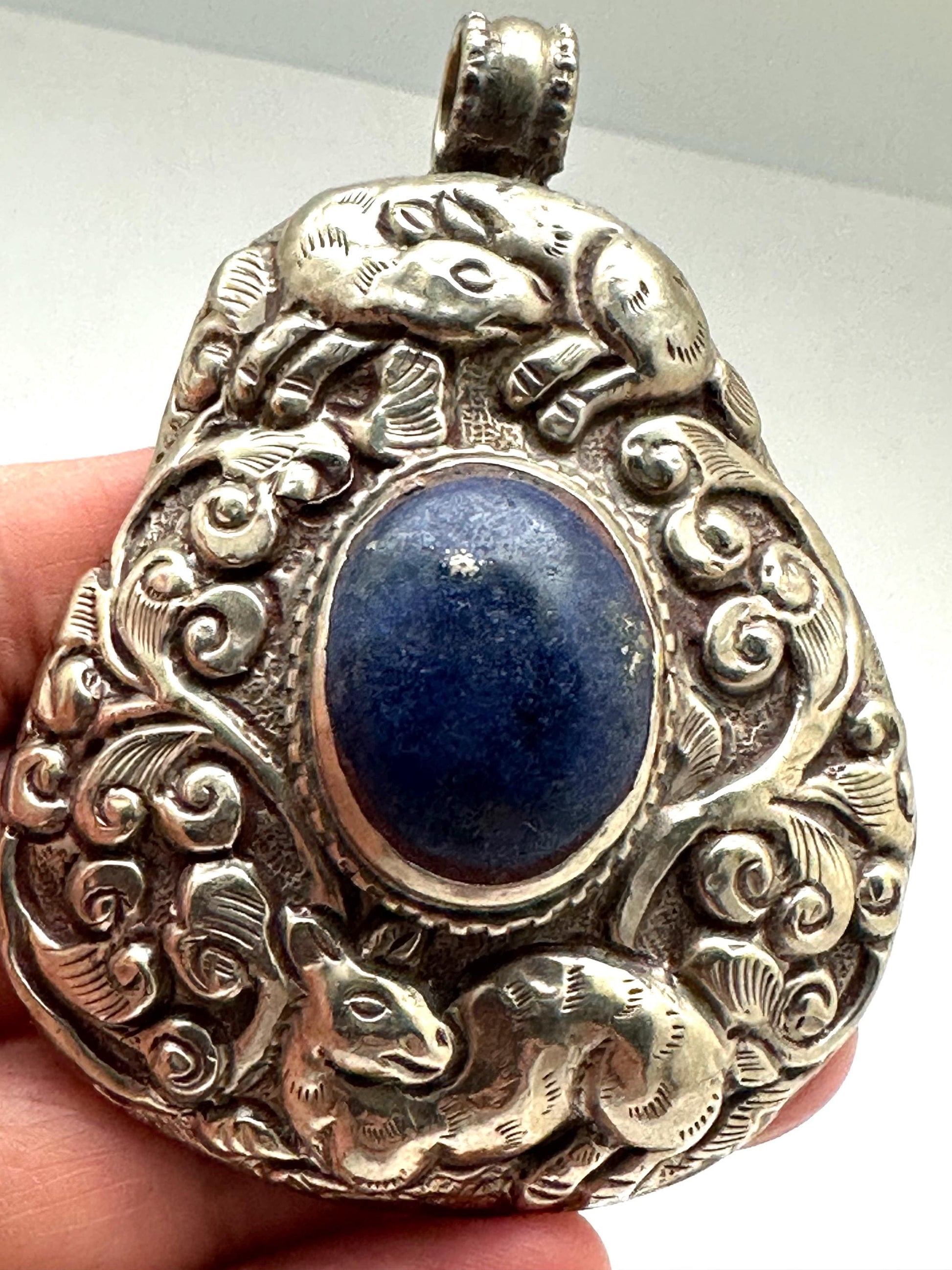 Large lapis pendant, handcrafted, Tibetan reposse silver, ethnic style,animal lover,lapis lazuli