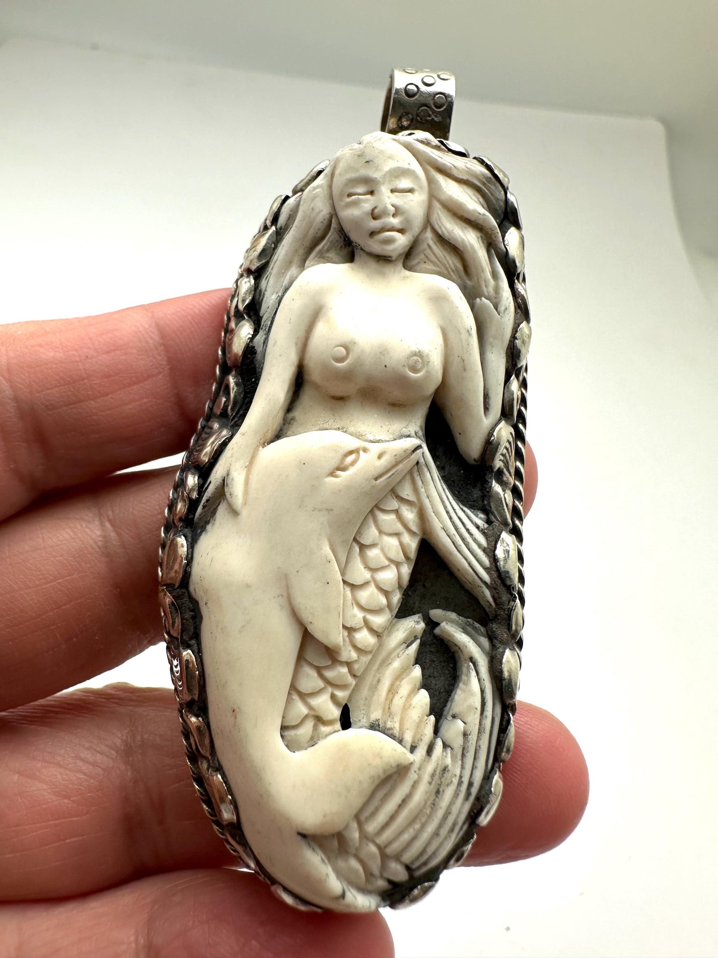 Bone carved mermaid and dolphin pendant, handcrafted, Tibetan silver,Nepalese,78mmX32mm