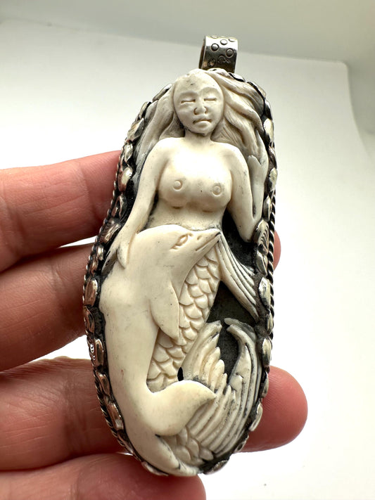 Bone carved mermaid and dolphin pendant, handcrafted, Tibetan silver,Nepalese,78mmX32mm