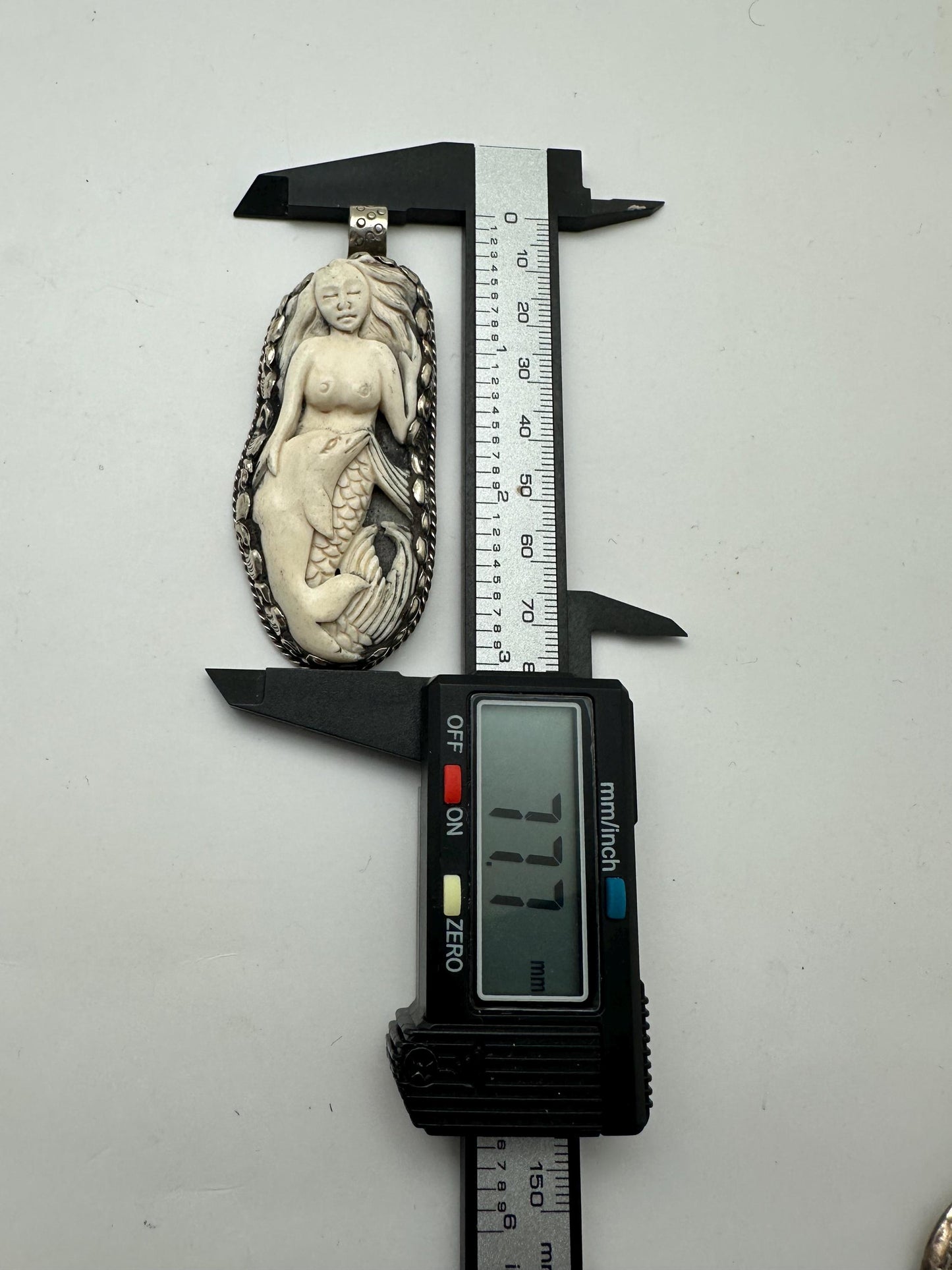 Bone carved mermaid and dolphin pendant, handcrafted, Tibetan silver,Nepalese,78mmX32mm