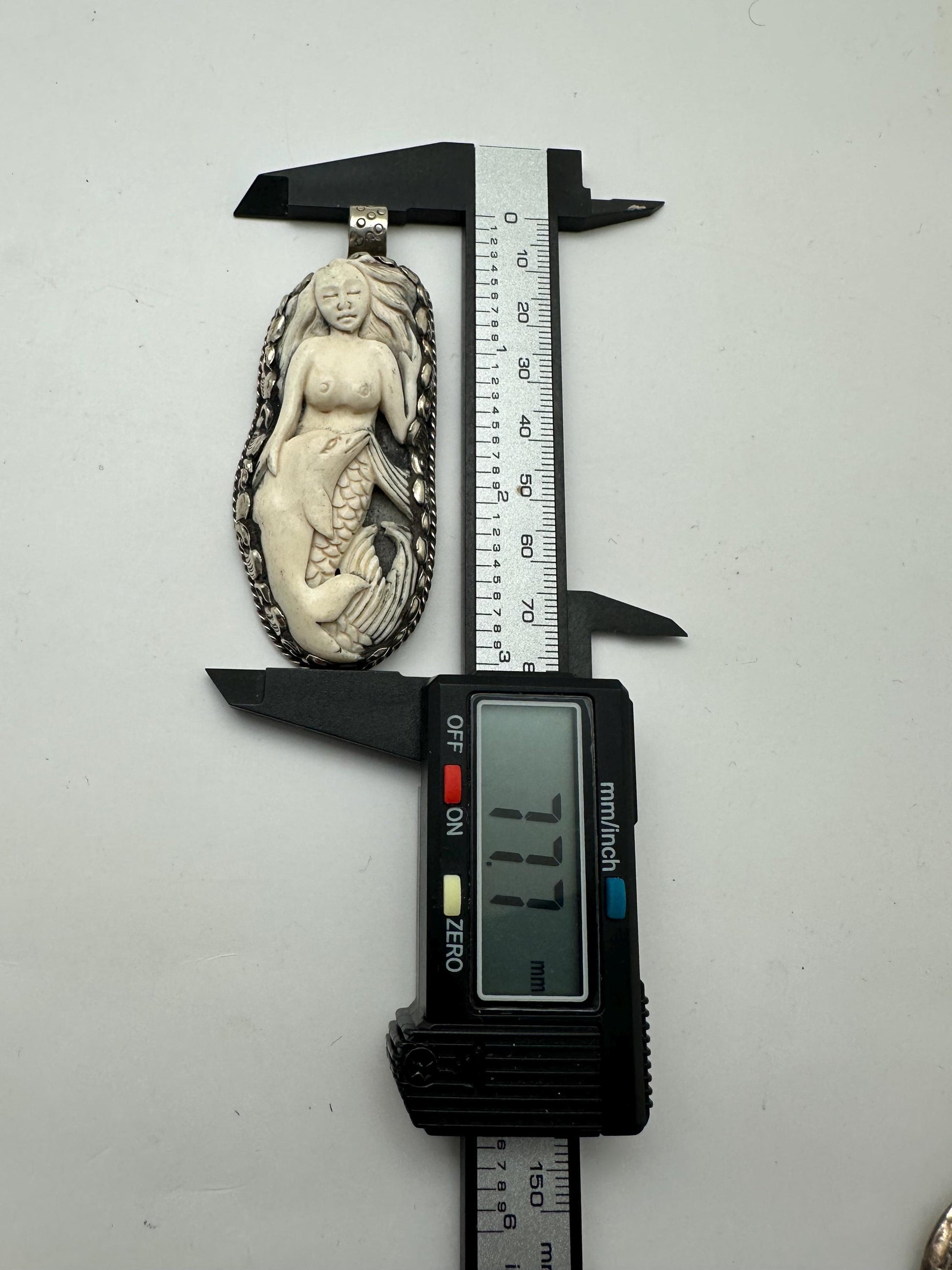 Bone carved mermaid and dolphin pendant, handcrafted, Tibetan silver,Nepalese,78mmX32mm