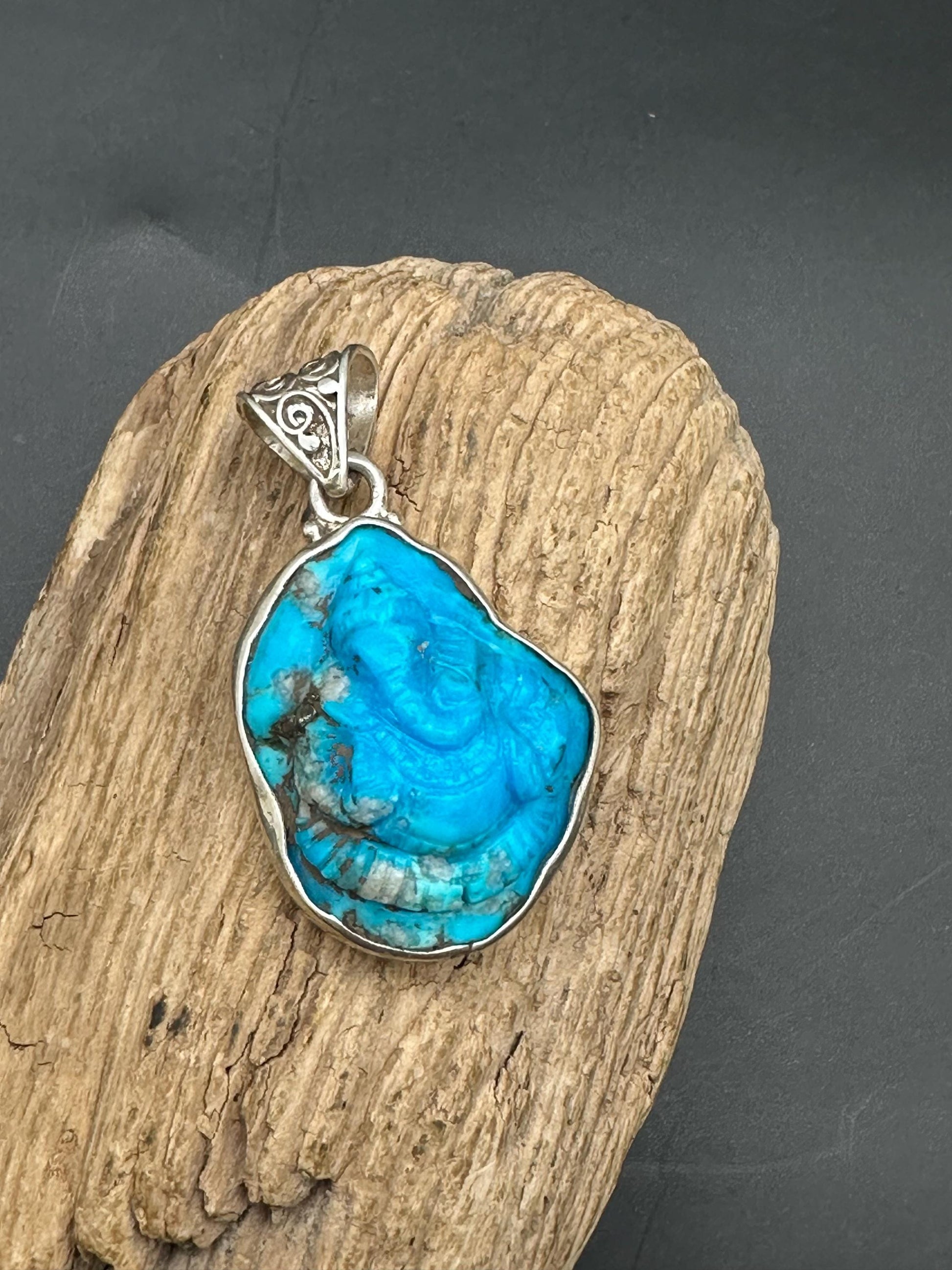 Turquoise Ganesh pendent master handcrafted untreated natural turquoise with sterling silver