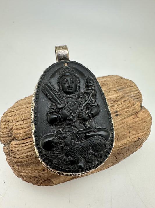 obsidian akasagarbha , boddhisattva, amulet,tibetan silver,