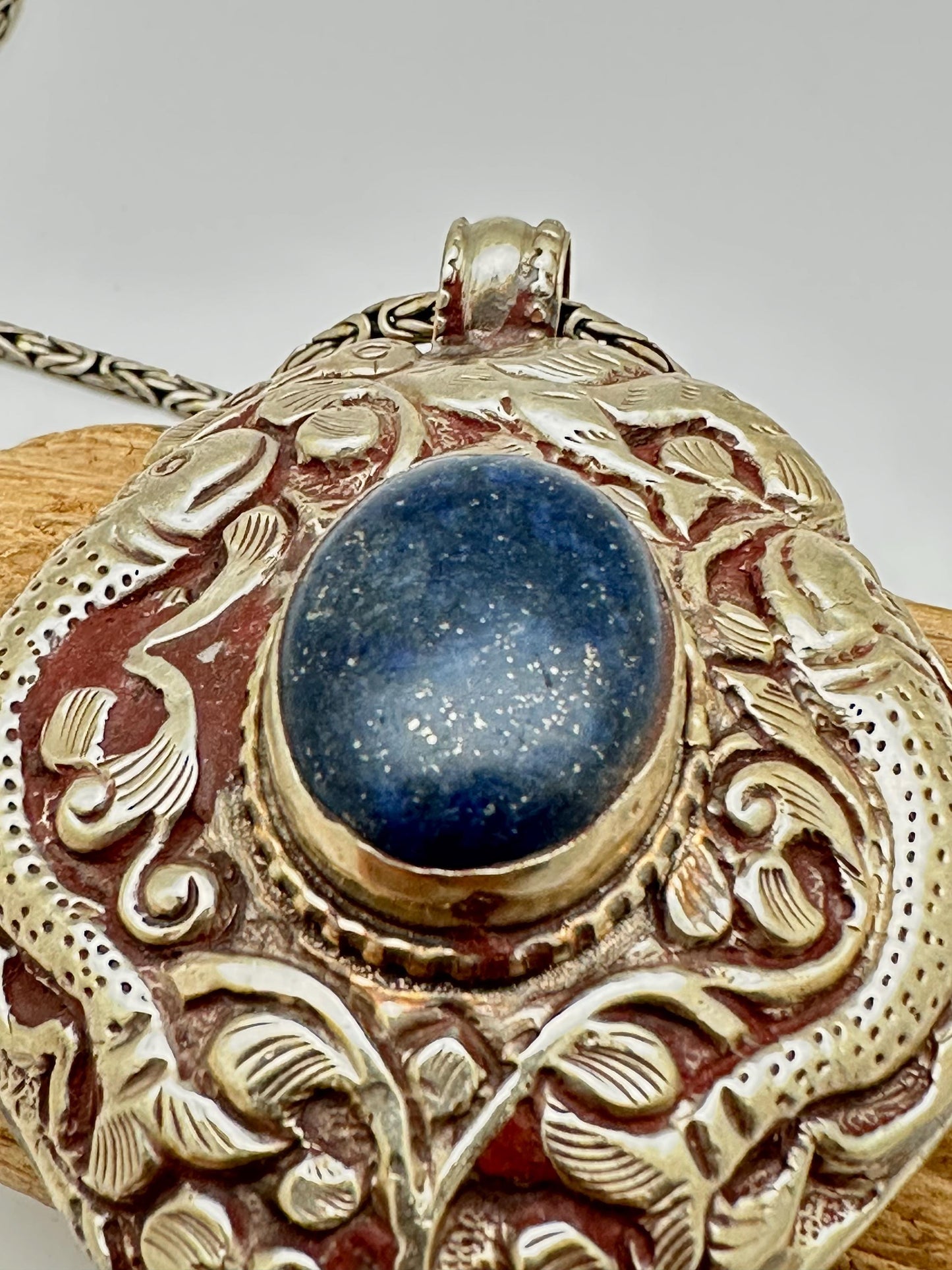 Large pendant, lapis,double fish,handcrafted, Tibetan reposse silver,ethnic style,Nepalese, 45mmX67mm