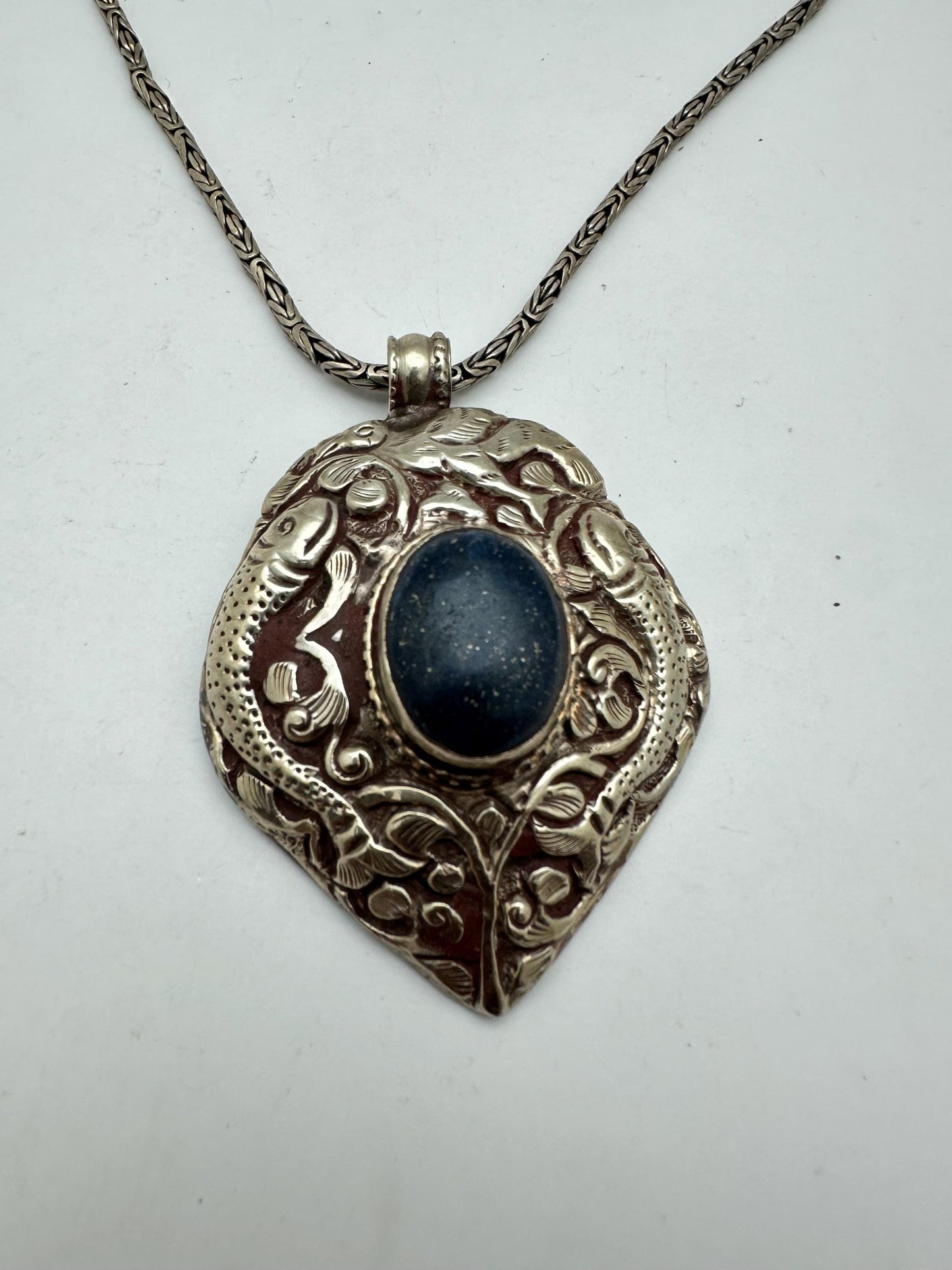Large pendant, lapis,double fish,handcrafted, Tibetan reposse silver,ethnic style,Nepalese, 45mmX67mm