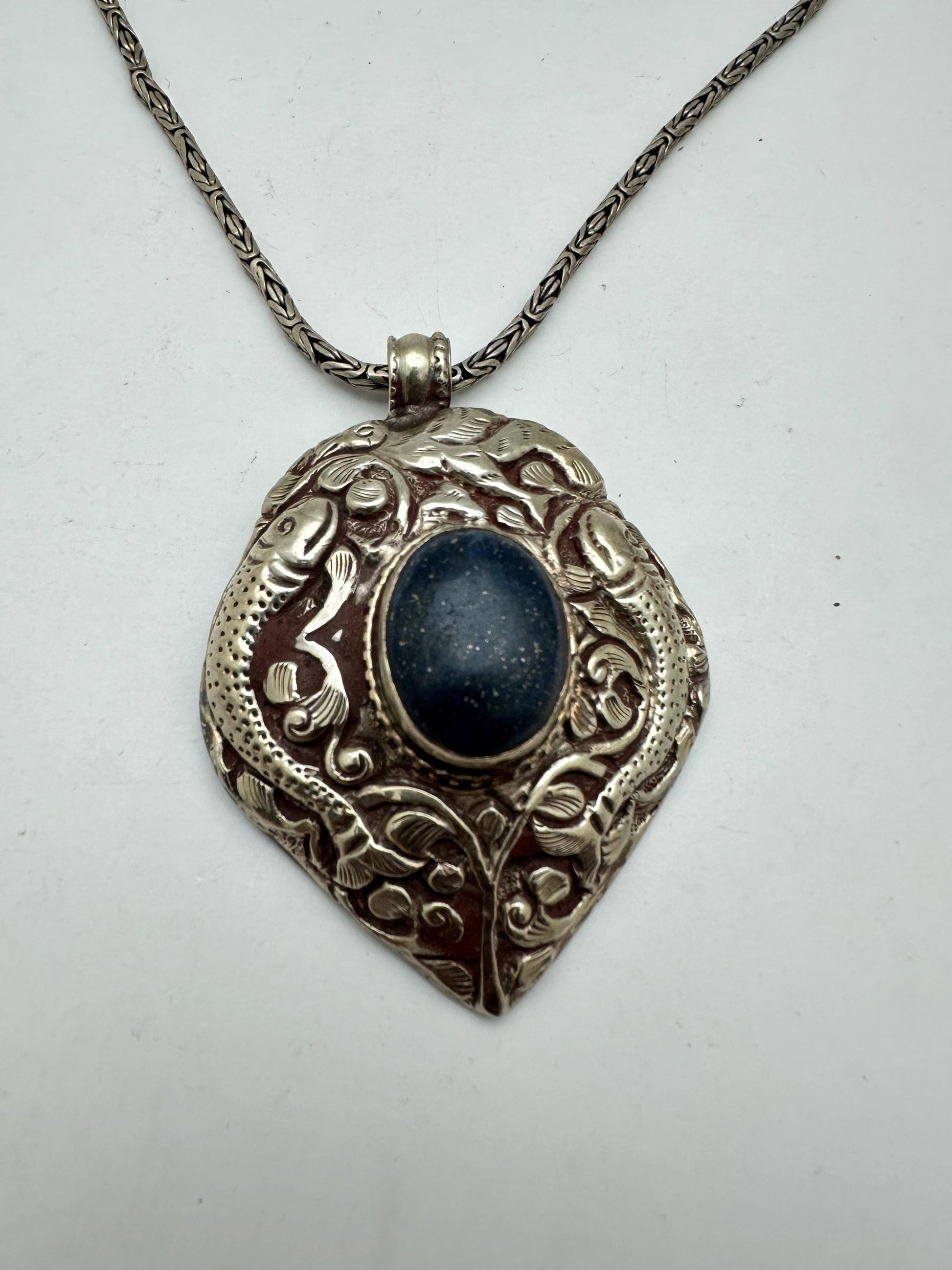 Large pendant, lapis,double fish,handcrafted, Tibetan reposse silver,ethnic style,Nepalese, 45mmX67mm