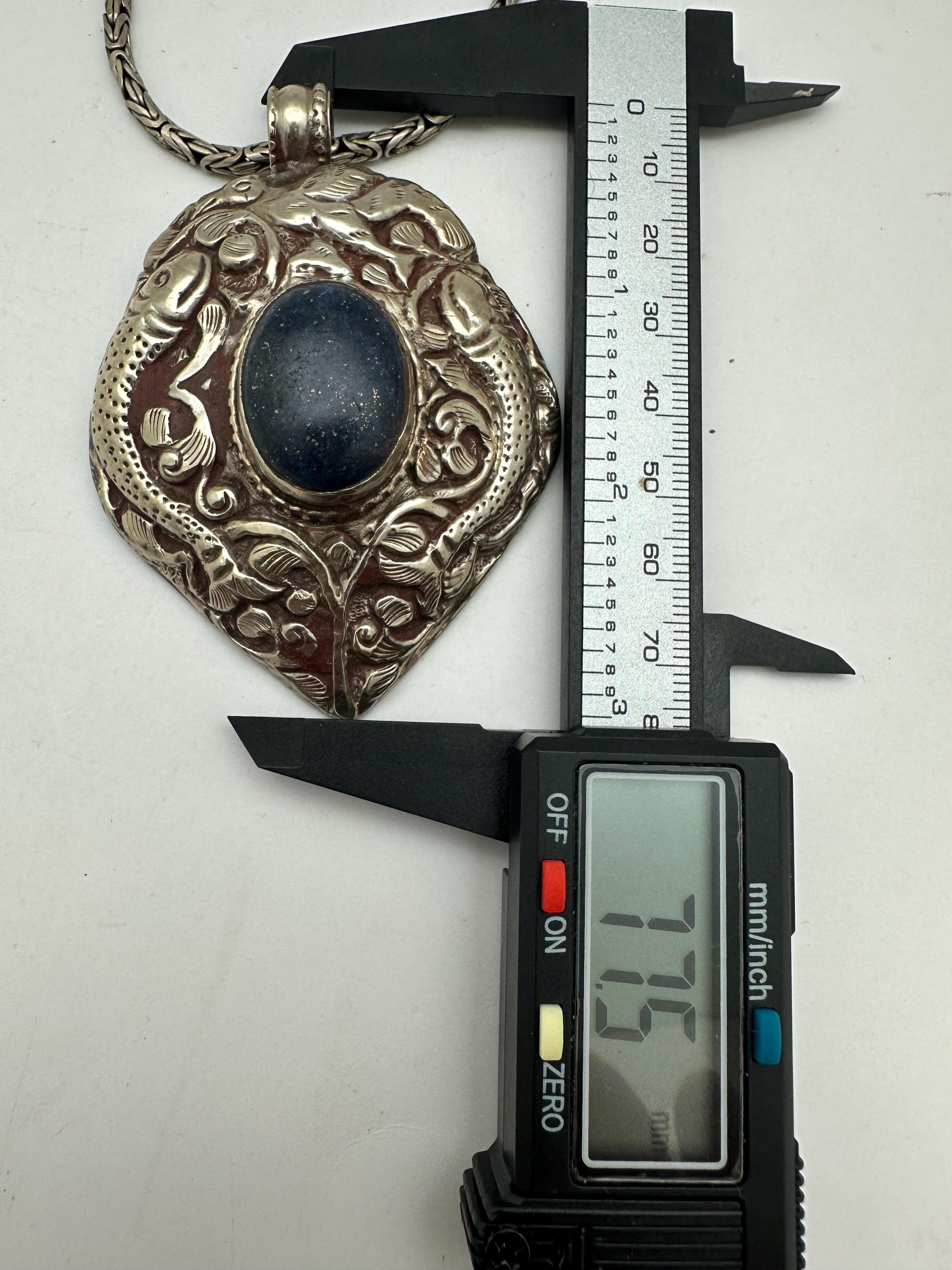 Large pendant, lapis,double fish,handcrafted, Tibetan reposse silver,ethnic style,Nepalese, 45mmX67mm