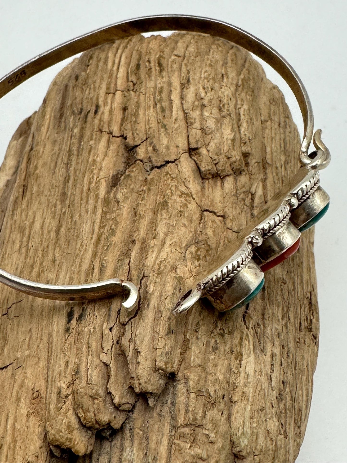Tibetan designs sterling silver bangle, untreated coral and turquoise, handcrafted from nepal