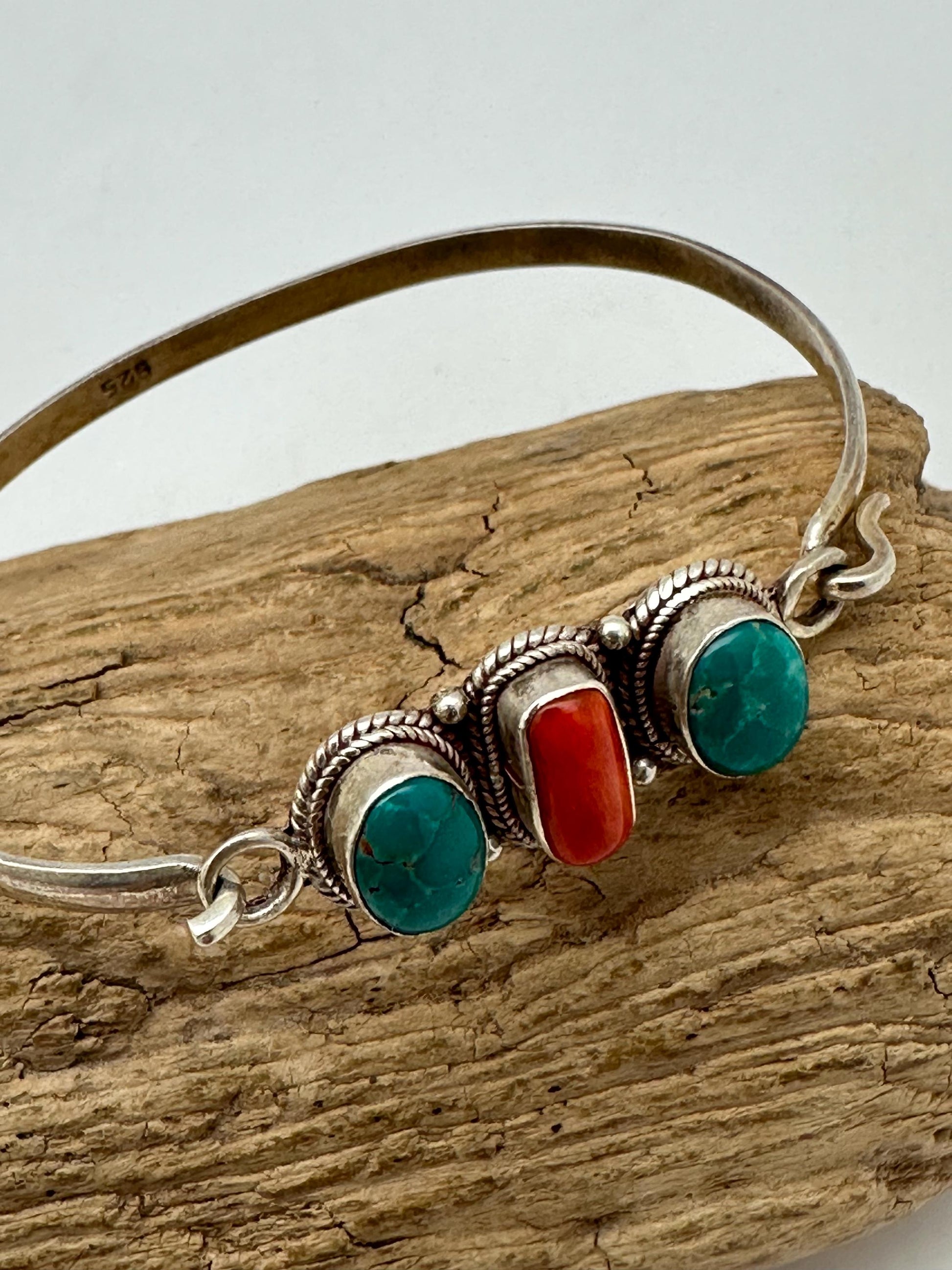 Tibetan designs sterling silver bangle, untreated coral and turquoise, handcrafted from nepal