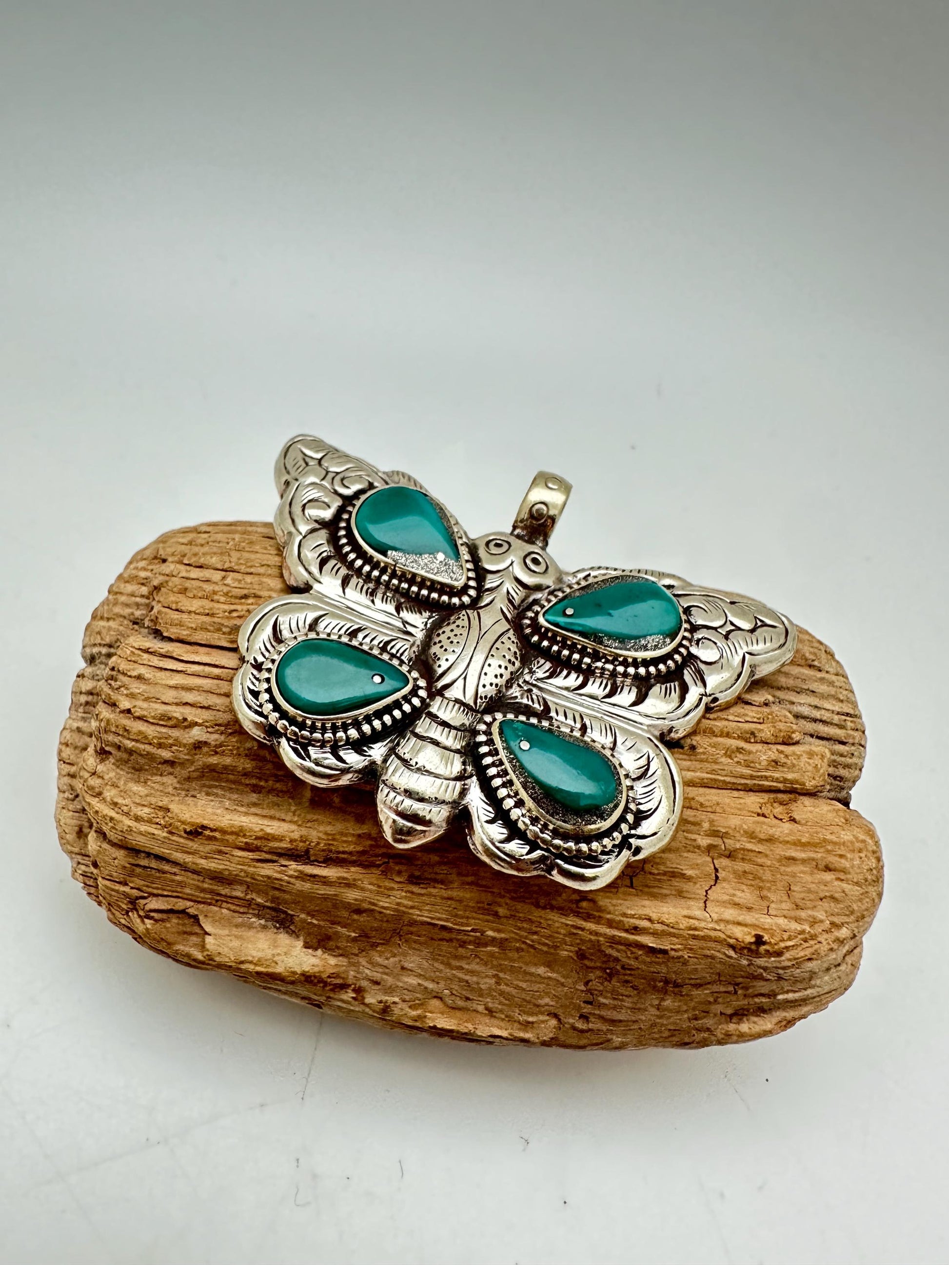 Handcrafted,Butterfly Pendant,natural turquoise , Tibetan silver, bug pendant