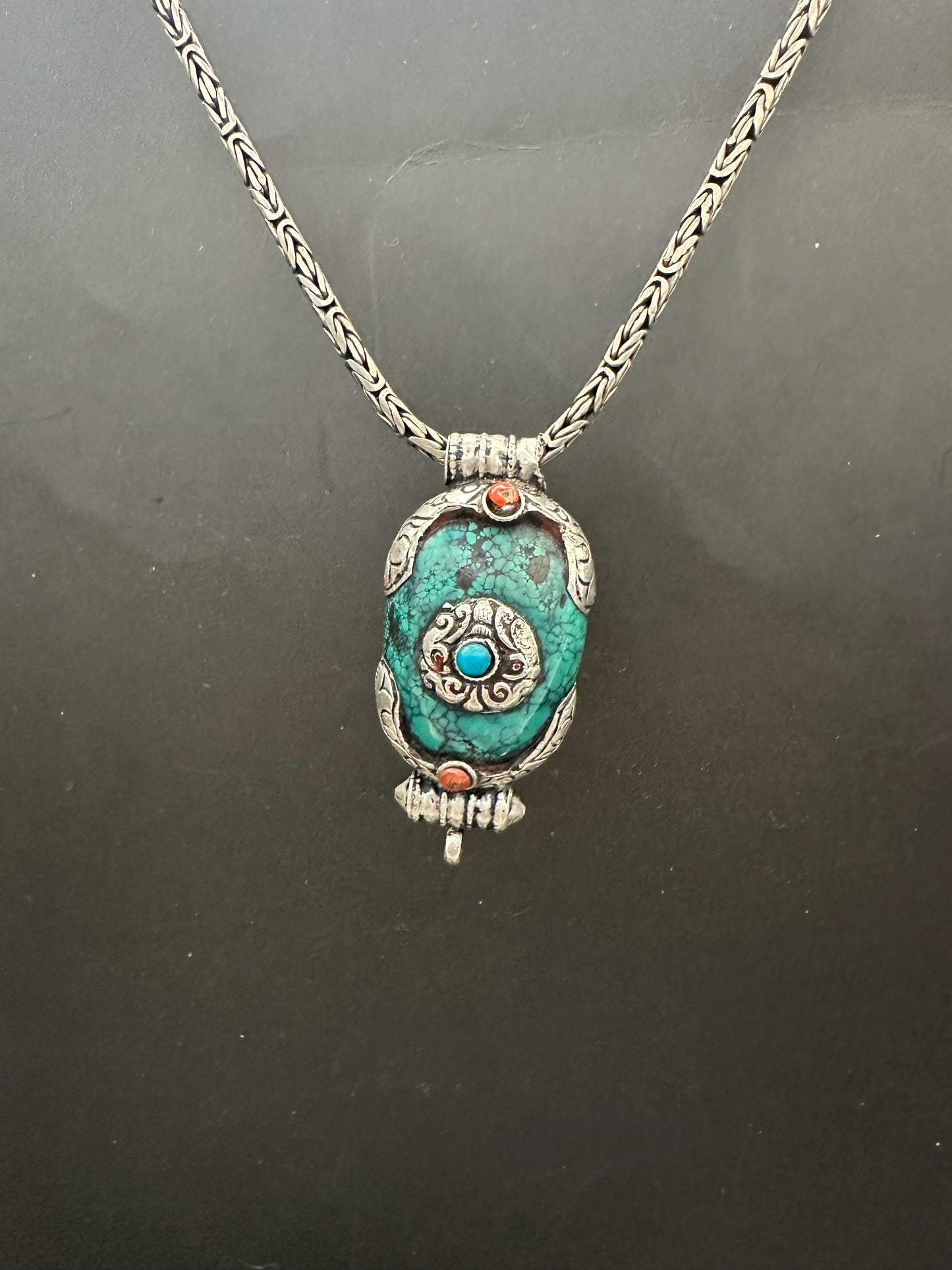Vintage Tibetan Turquoise Pendant, Sterling Silver Gau Design