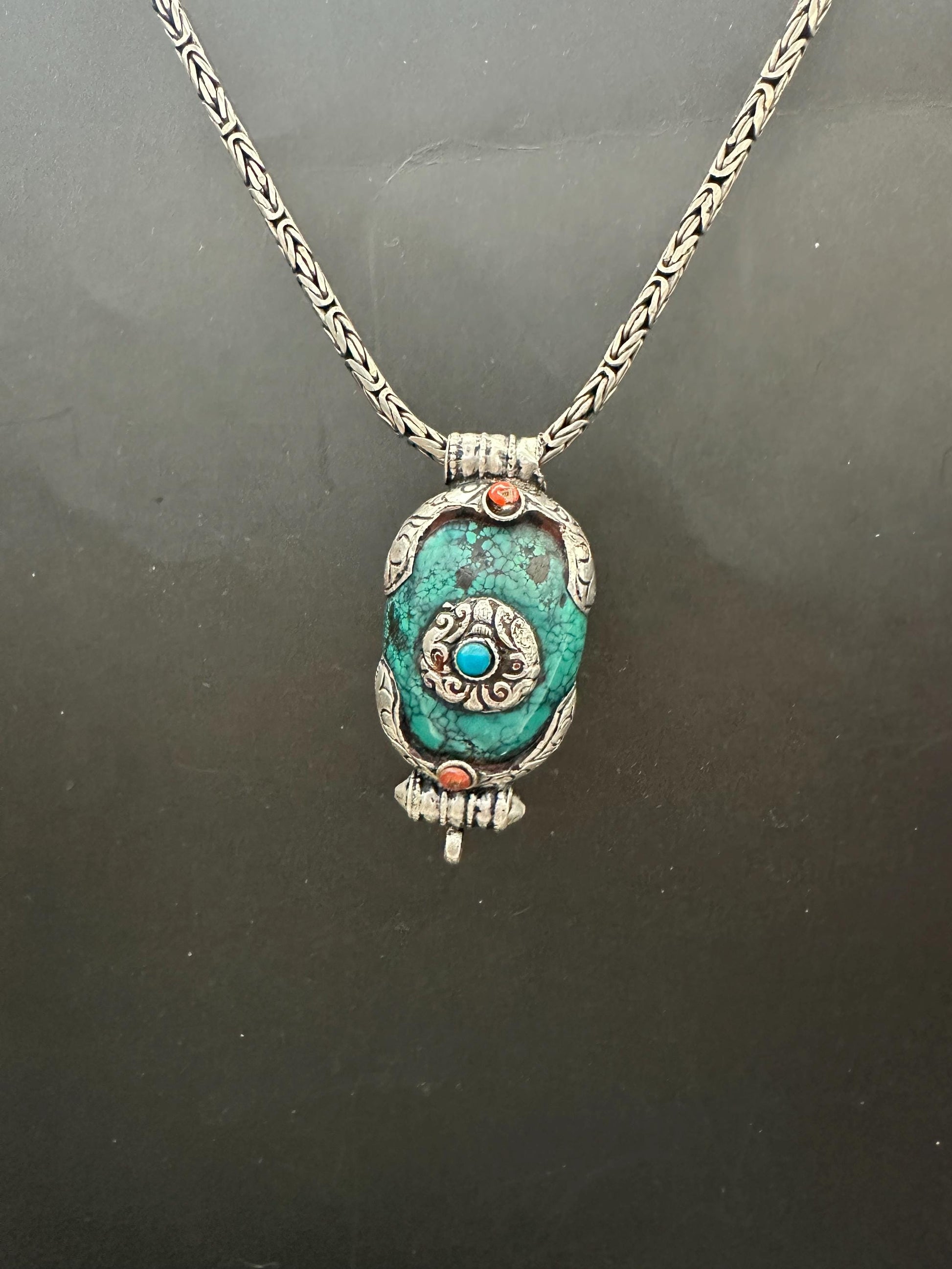 Vintage Tibetan Turquoise Pendant, Sterling Silver Gau Design