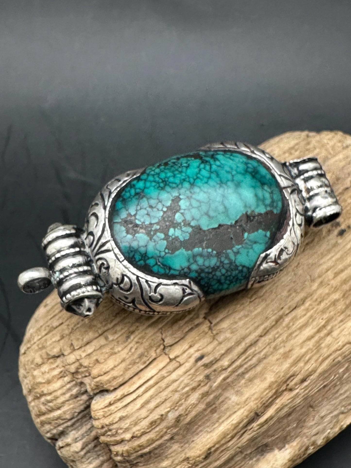 Vintage Tibetan Turquoise Pendant, Sterling Silver Gau Design