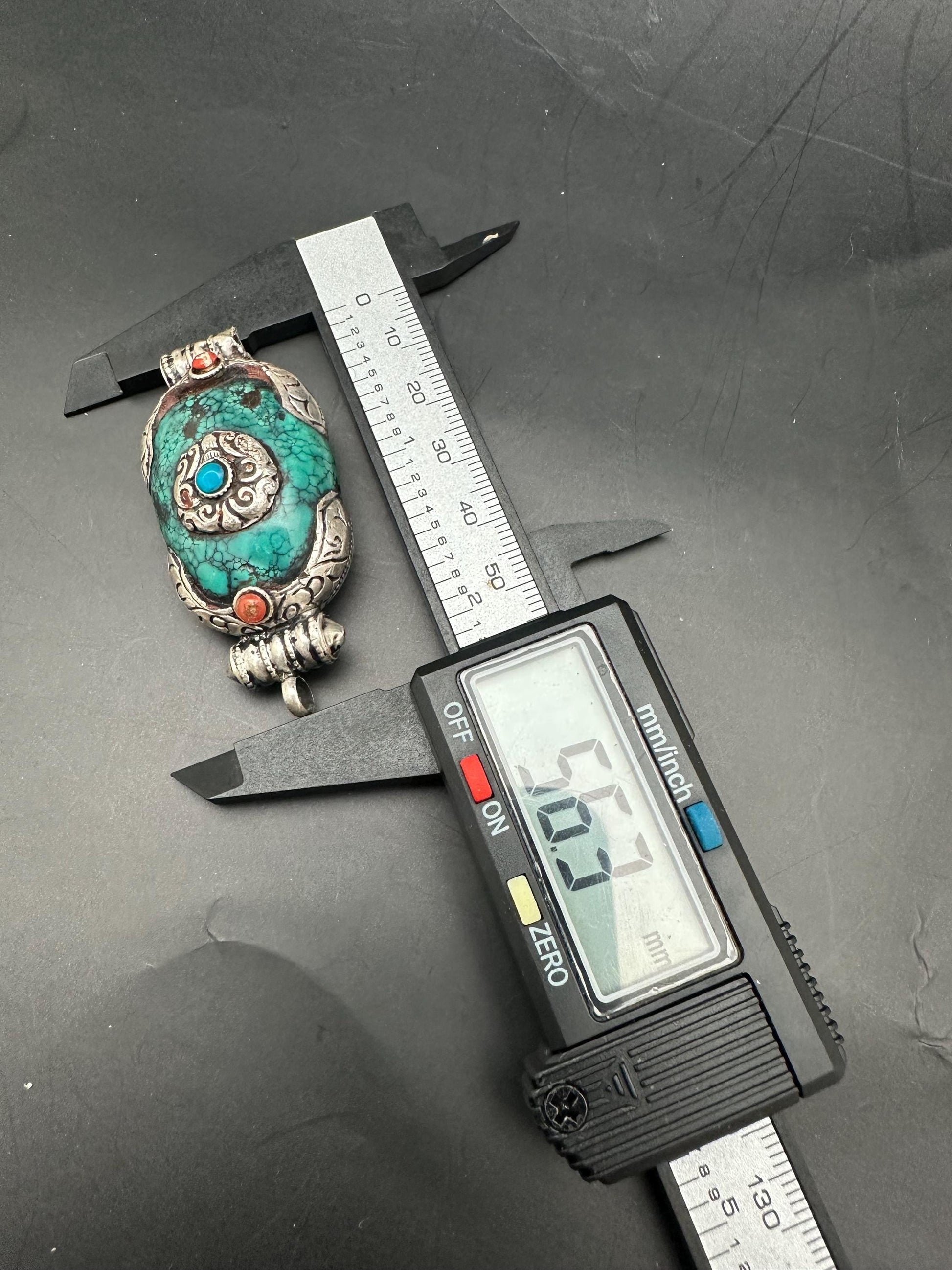 Vintage Tibetan Turquoise Pendant, Sterling Silver Gau Design
