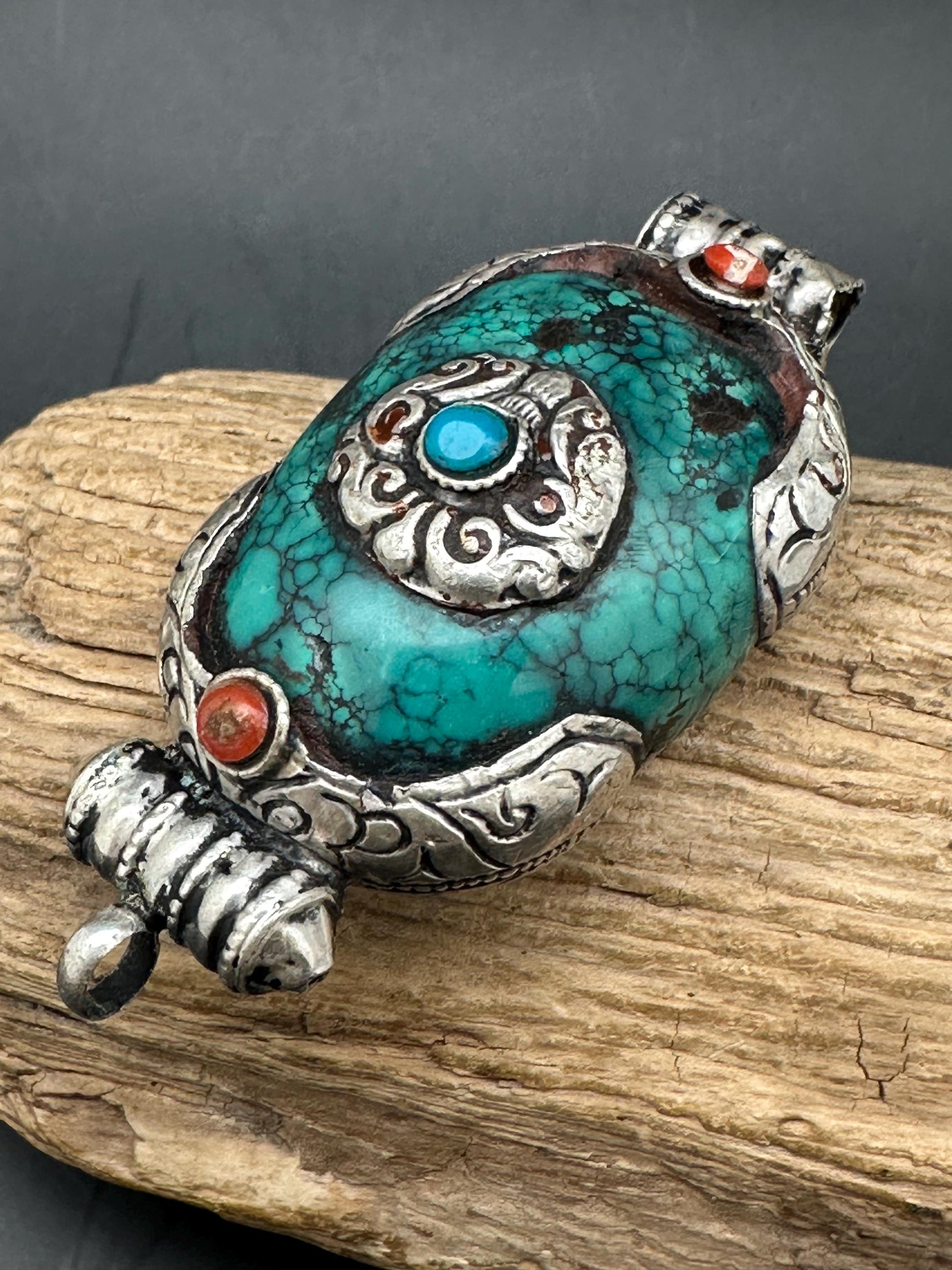 Vintage Tibetan Turquoise Pendant, Sterling Silver Gau Design