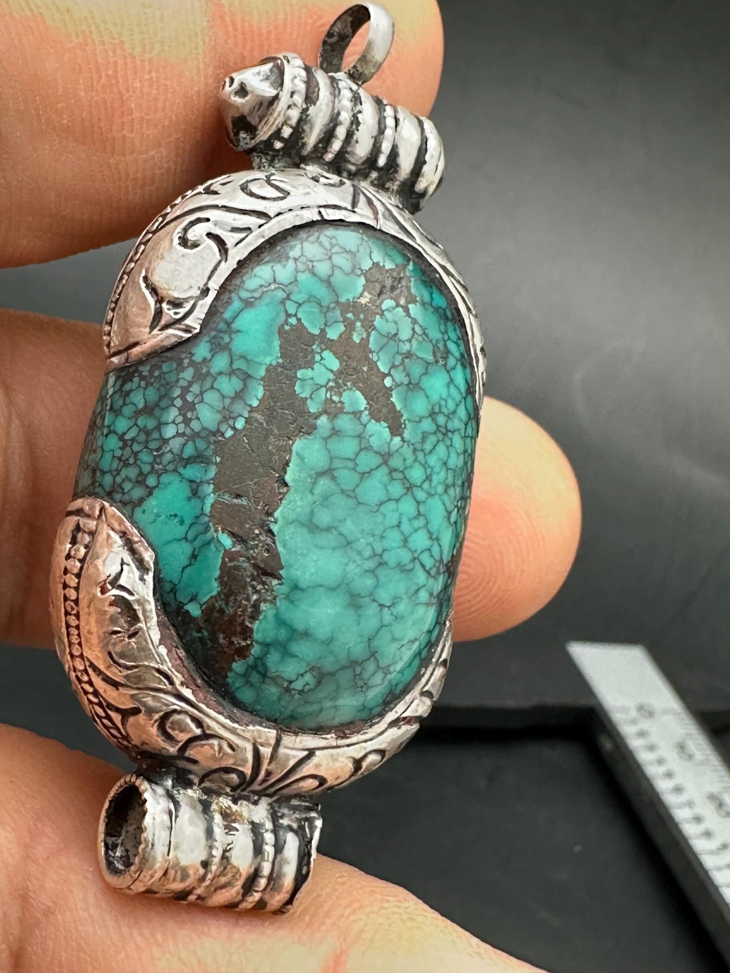 Vintage Tibetan Turquoise Pendant, Sterling Silver Gau Design