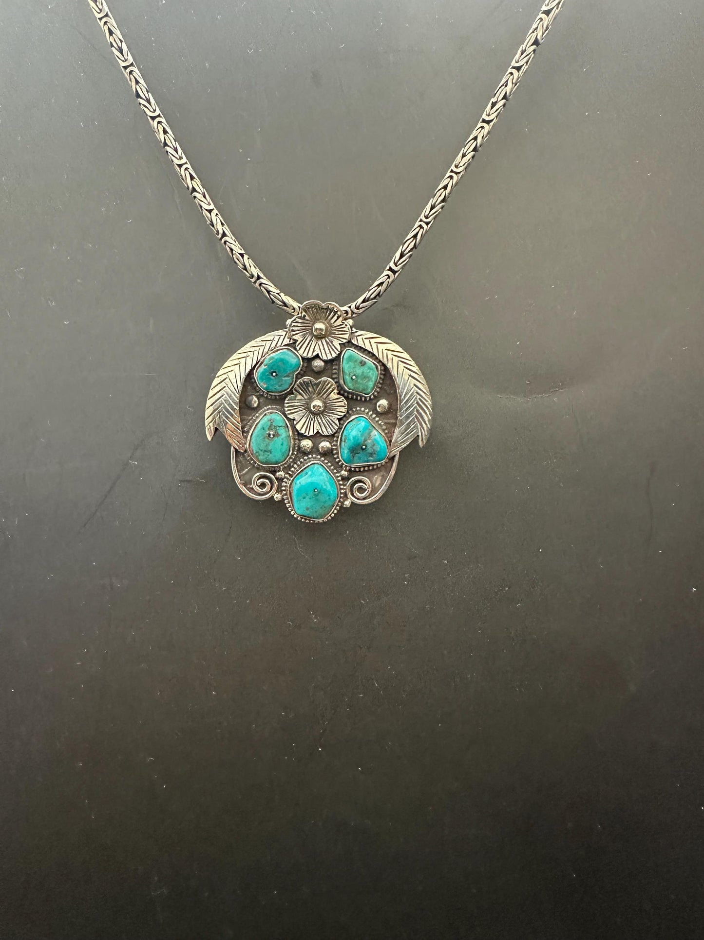 Turquoise pendent, untreated natural turquoise, master handcrafted with Tibetan silver from Nepal
