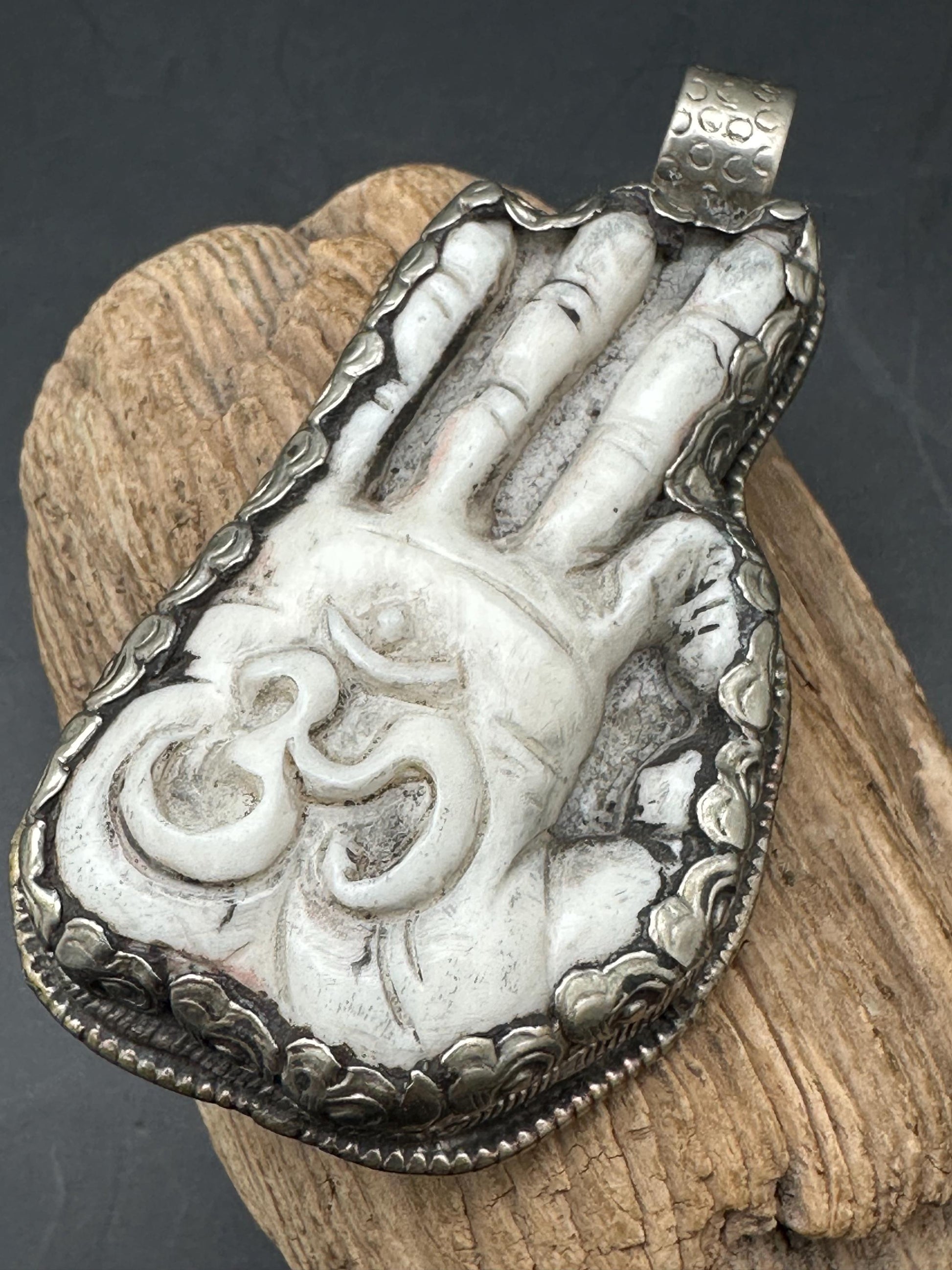Buddha hand pendent, on mantra pendent, master handcrafted with yak bone