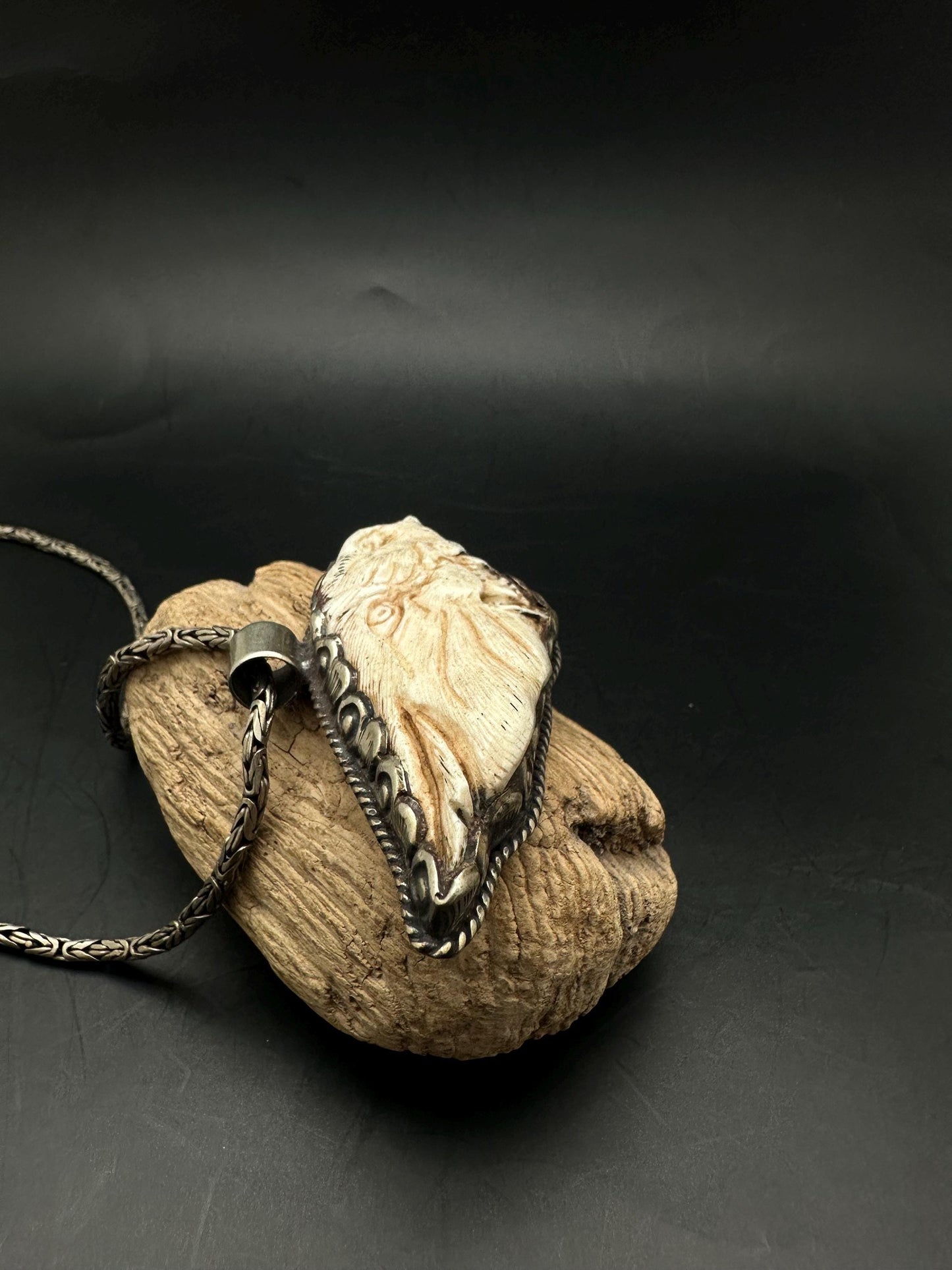 Yak bone tiger pendant, set Tibetan silver