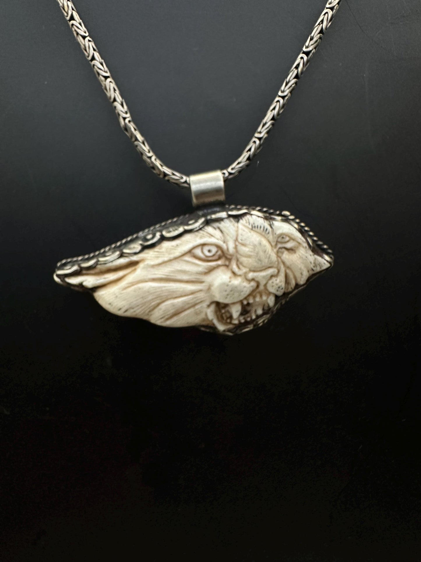 Yak bone tiger pendant, set Tibetan silver