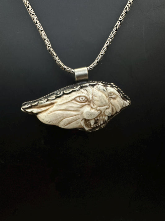 Yak bone tiger pendant, set Tibetan silver