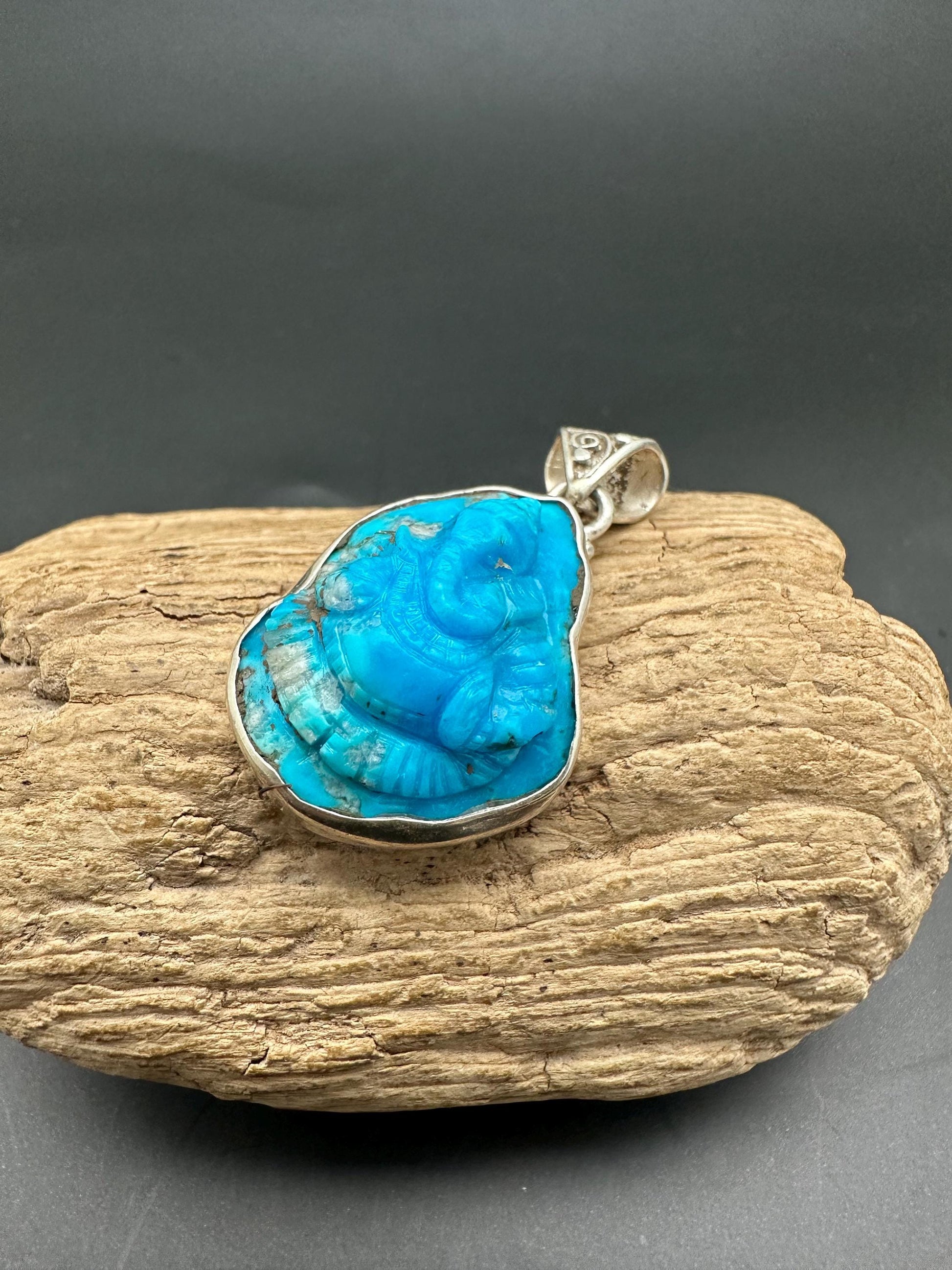 Turquoise Ganesh pendent master handcrafted untreated natural turquoise with sterling silver